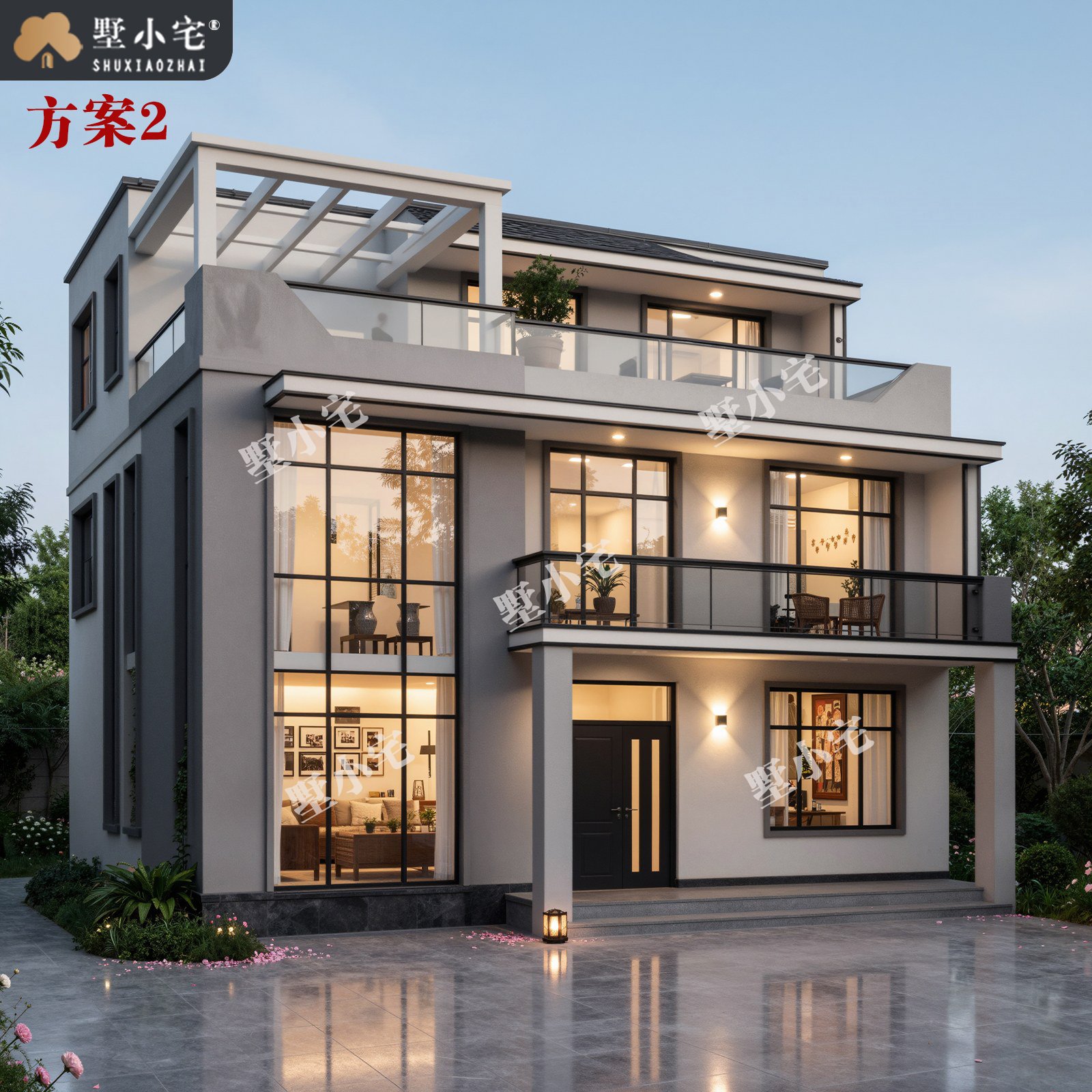 【三层现代别墅设计图片】C546农村网红简约小洋楼图纸，教你轻松盖房