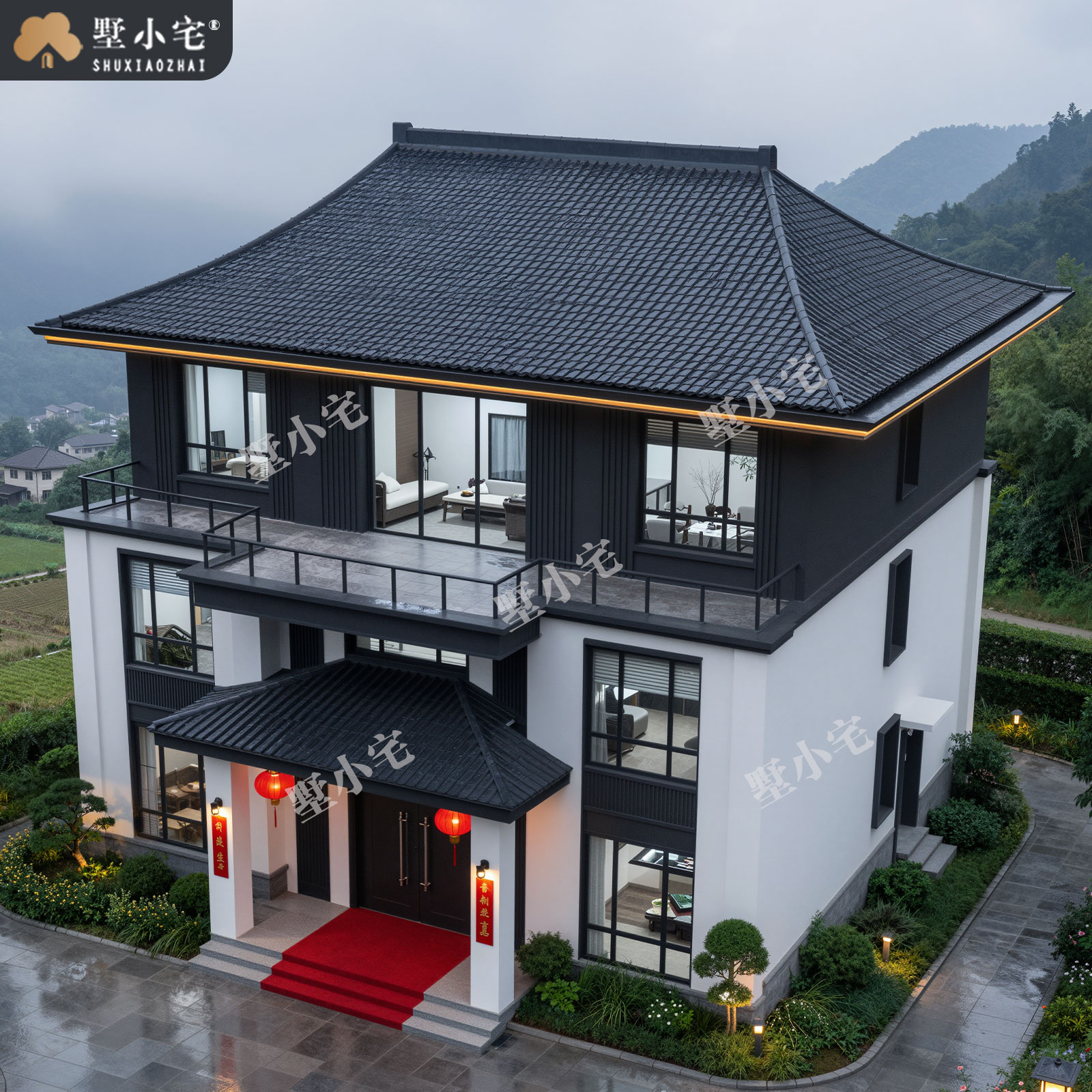 13.3x13米,C9218农村自建房带复式客厅三层宋式别墅效果图设计盖房施工图纸，回乡建房一步到位