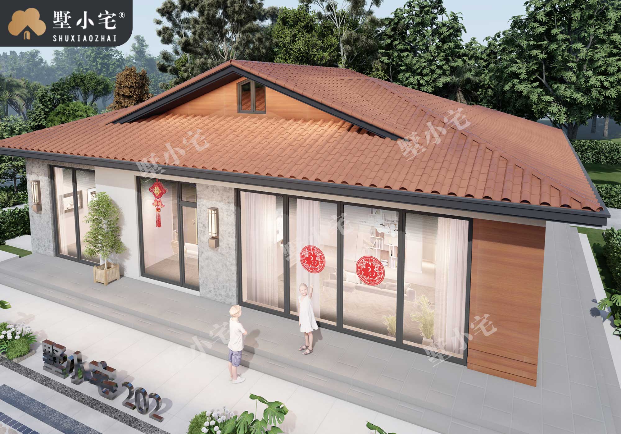 A1058新农村一层小平房款式图，新中式自建房别墅设计图，造价17万左右，16.4×12.5