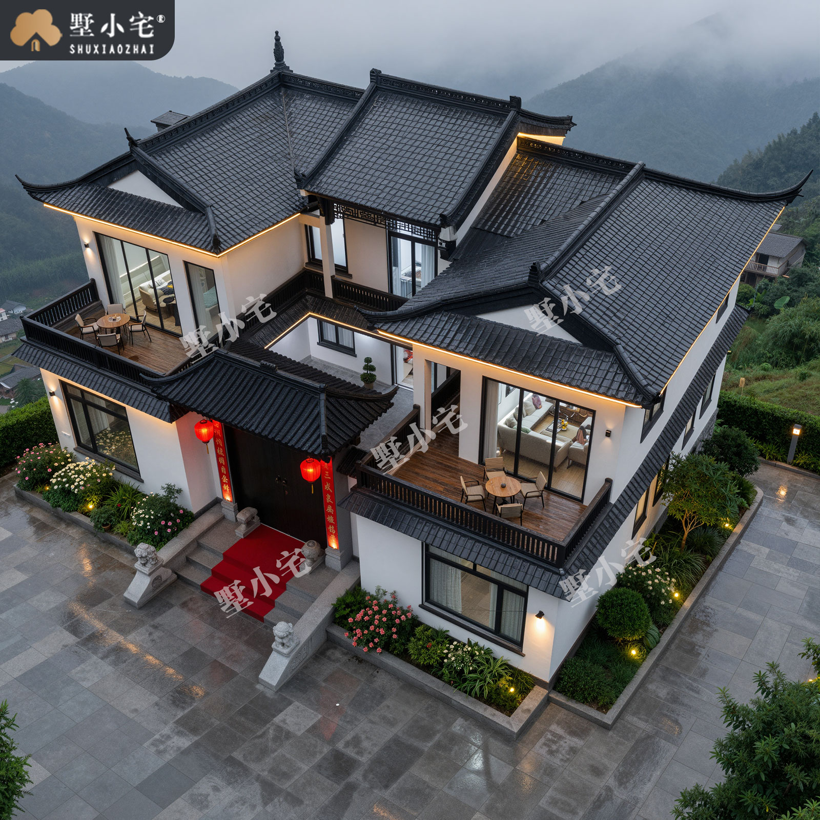18x13米,B9241农村自建房二层合院效果图设计全套盖房施工图纸，回乡建房的理想之选。