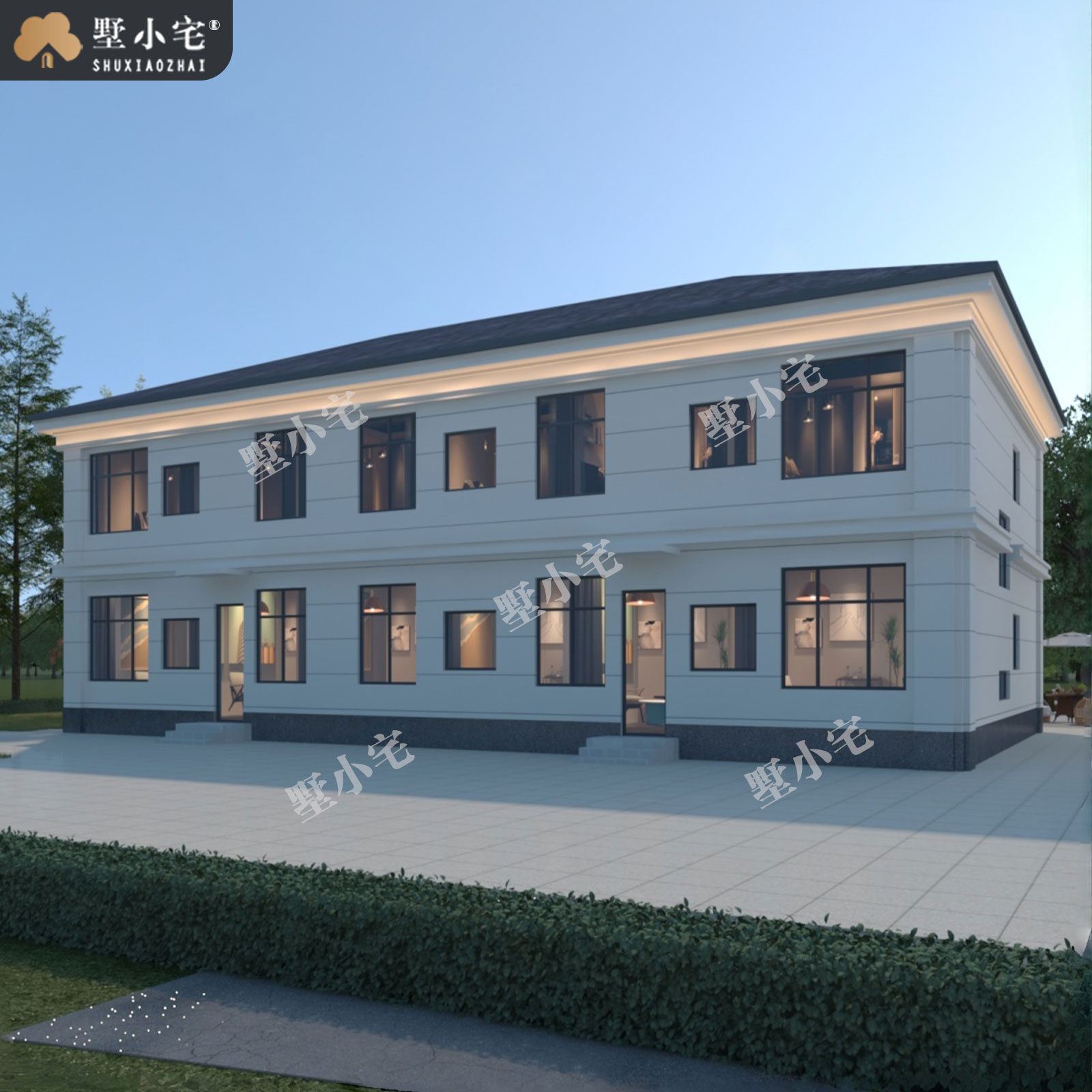 21.4x13.74米,B9247农村自建房五开间二层新中式别墅效果图设计盖房施工图纸，回乡建房的体面之选。