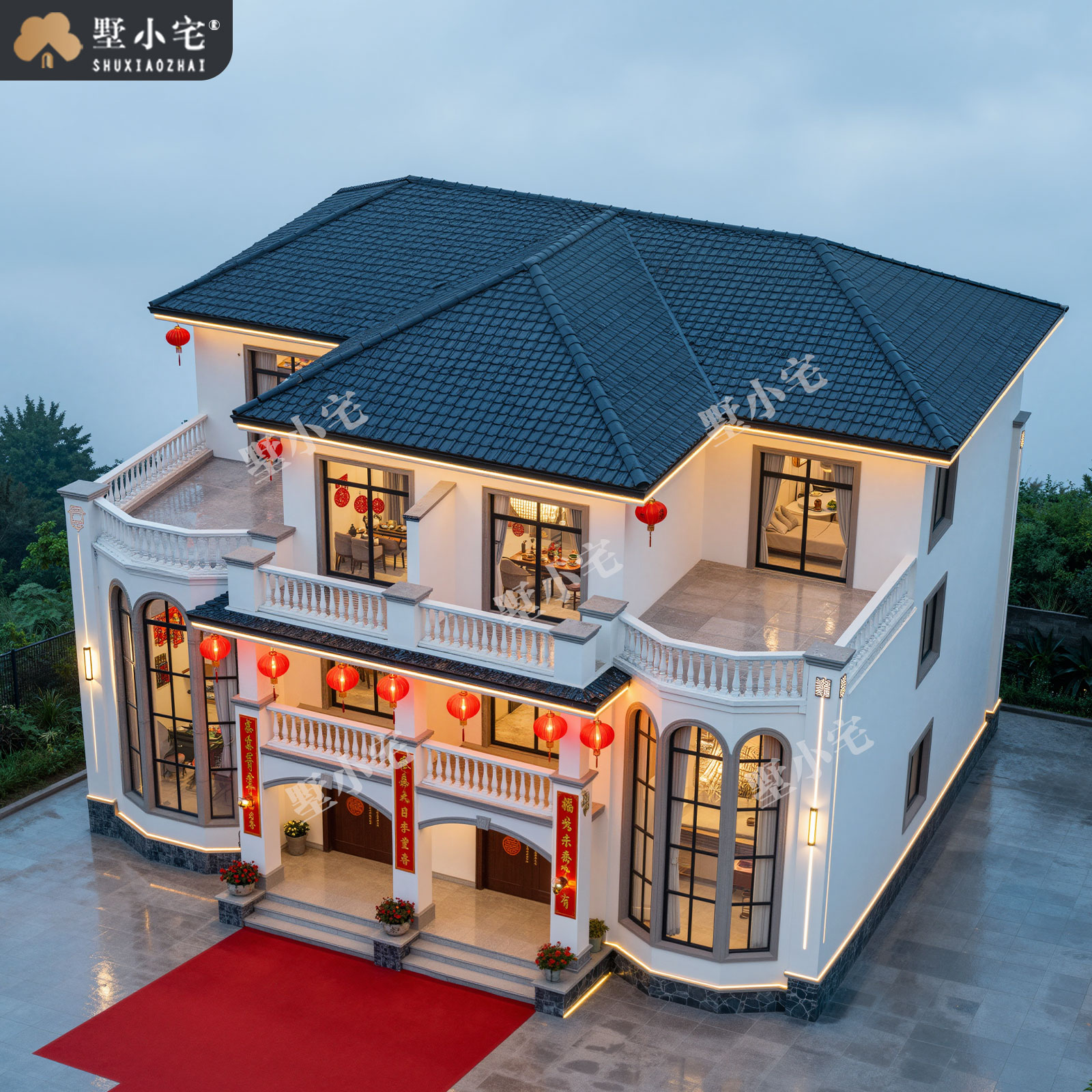 17.5x14米,C9214农村自建房双拼复式客厅三层欧式别墅外观设计全套施工图纸，回乡建房家族荣耀之选