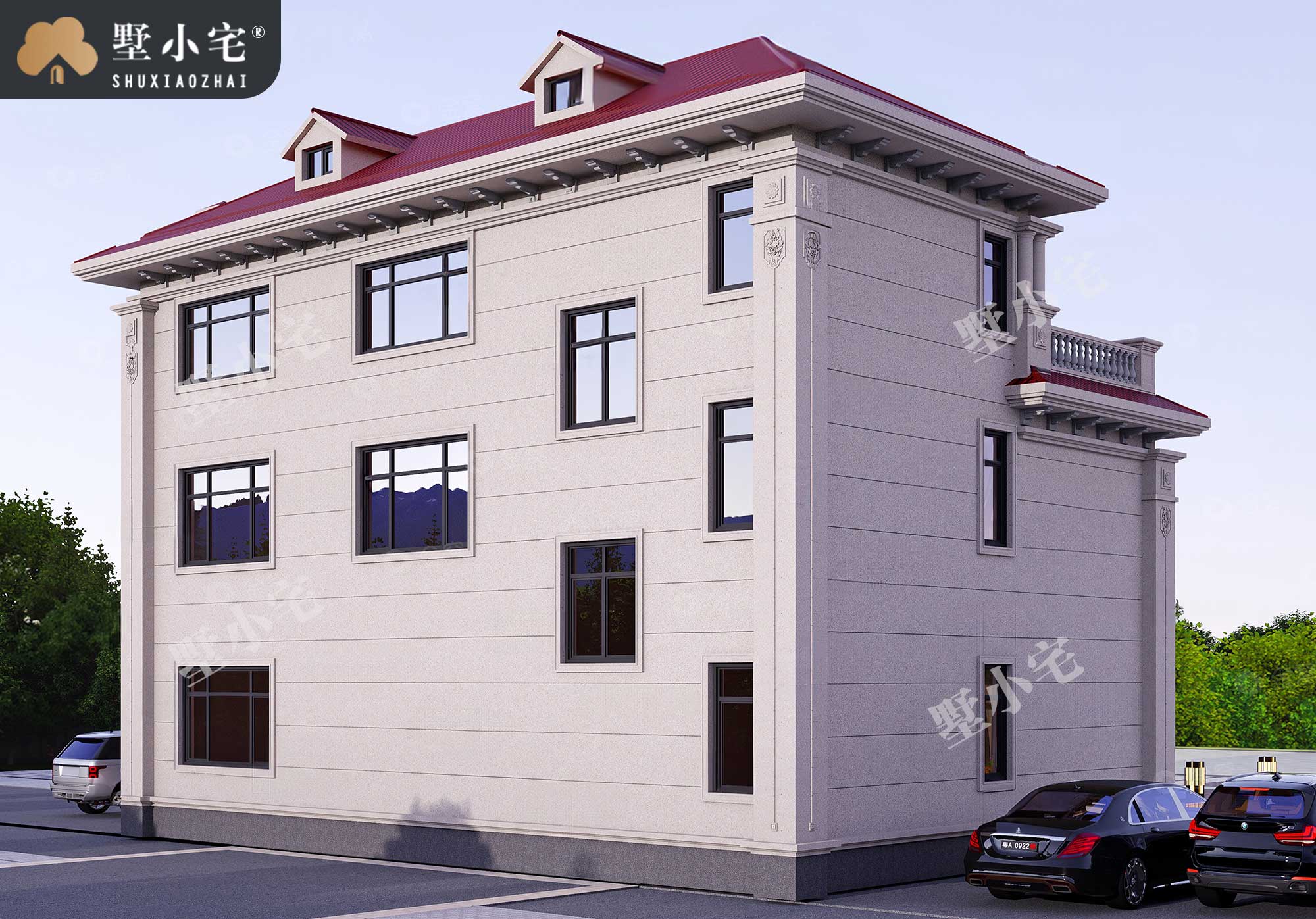 C1084农村独栋三层欧式自建房屋设计图纸，挑空客厅+双露台，15×12