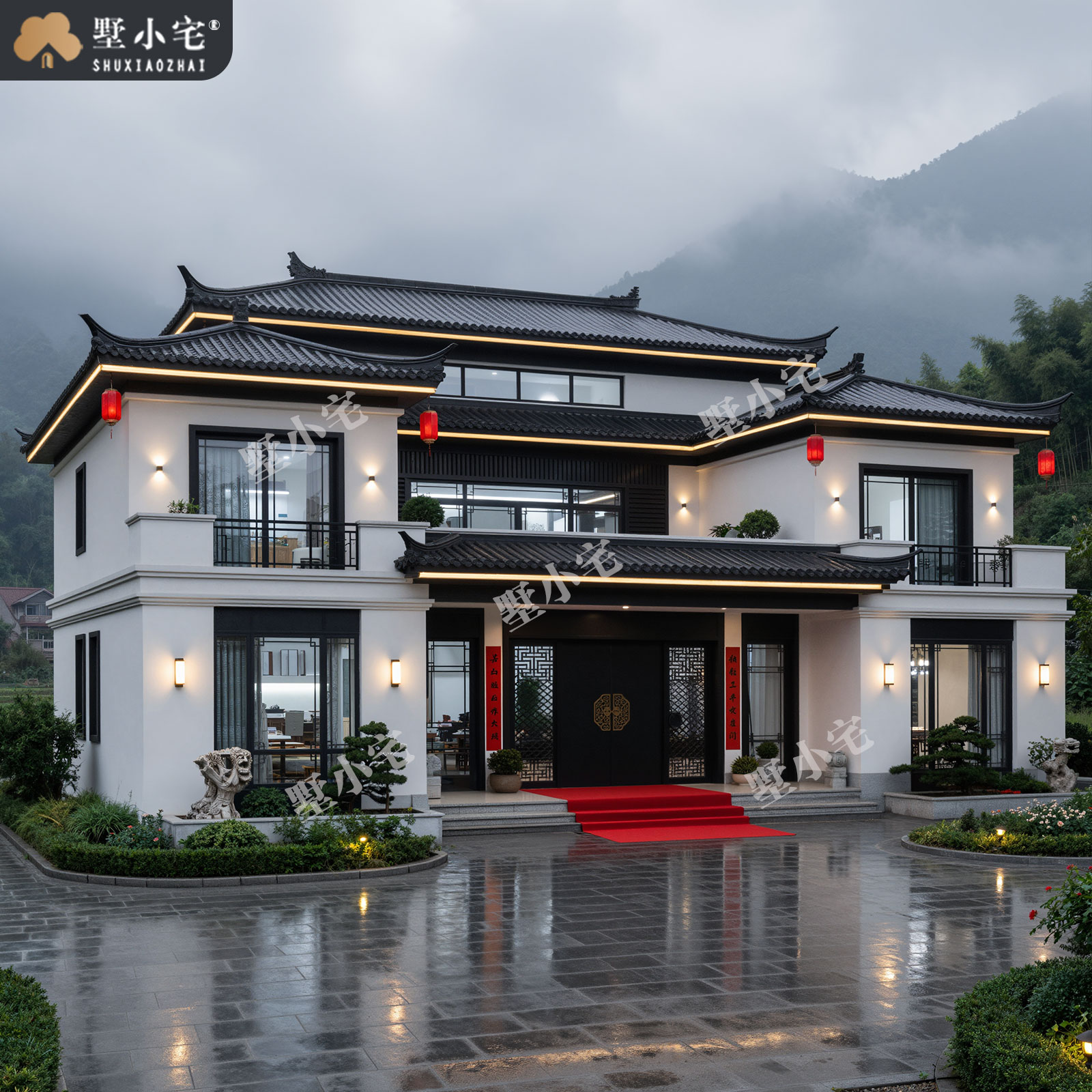 17.3x12.4米,B9215农村自建房旋转楼梯二层宋式别墅外观设计全套盖房施工图纸，回乡建房一步到位