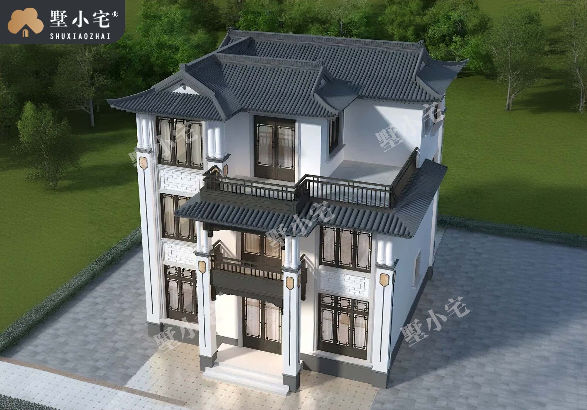 C1187网红三层中式别墅设计图，农村仿古建筑自建房屋外观效果图，带堂屋，10.5×10米
