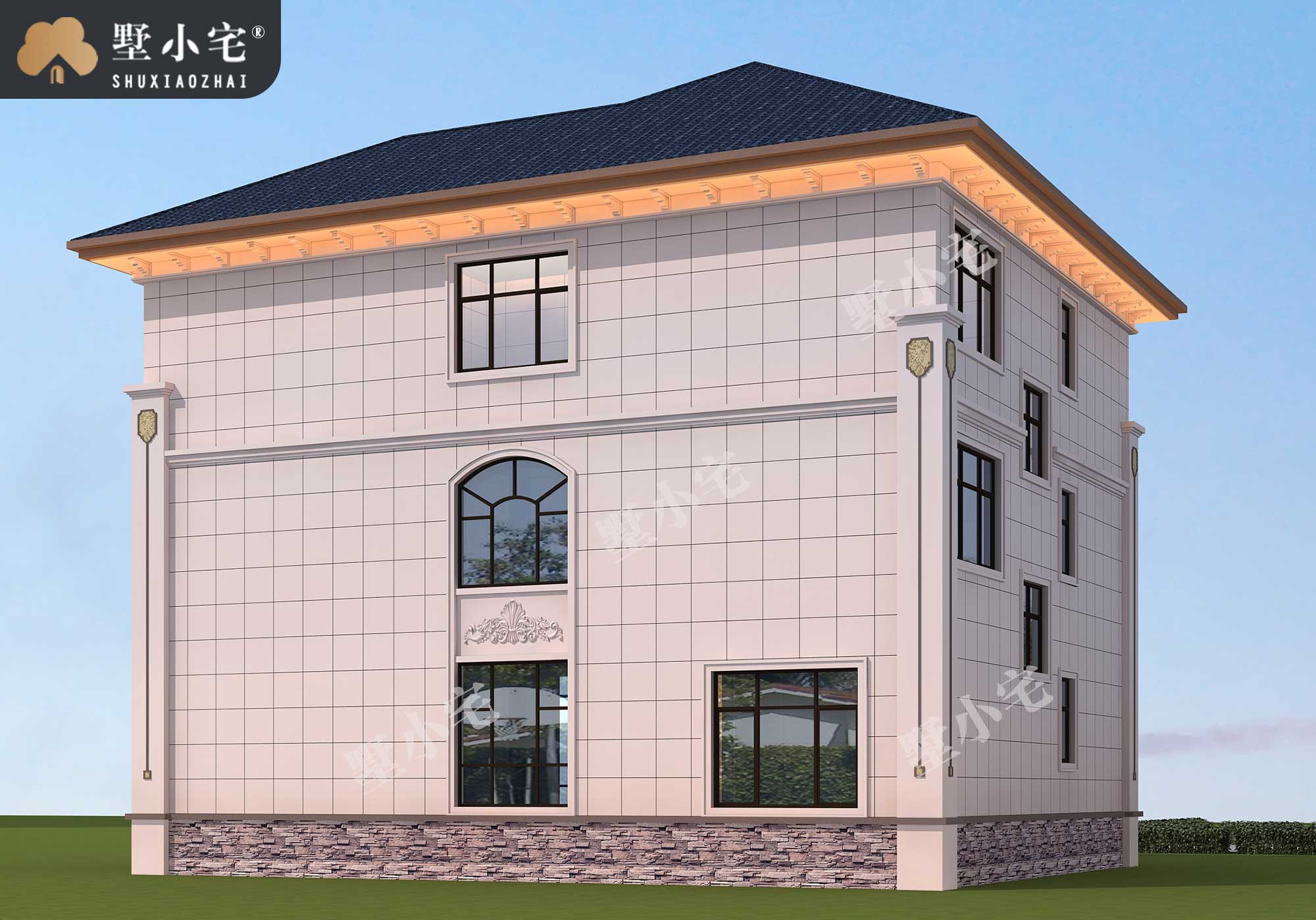 曾C1036新农村自建三层欧式别墅设计施工图纸及效果图，复式挑空客厅，14.5×13.3