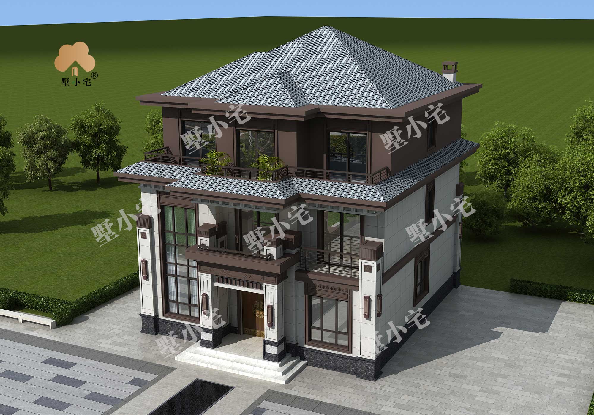 曾C9661三层新农村新中式自建别墅设计图及效果图，客厅挑空，优化室内采光，11.76×12.96