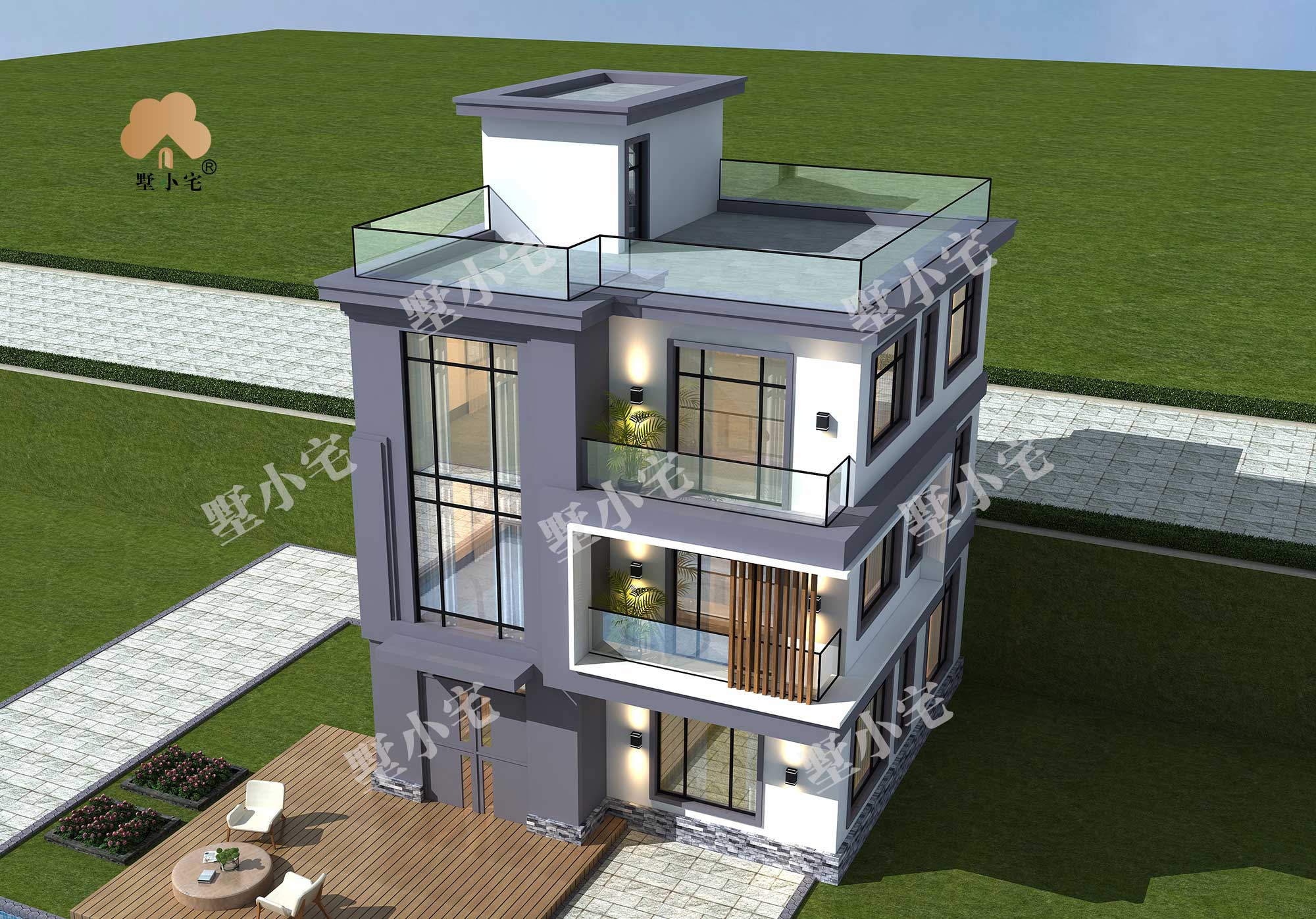 曾C1032农村三层商住现代别墅房屋设计施工图纸及效果图，简洁大气设计感十足，9×10