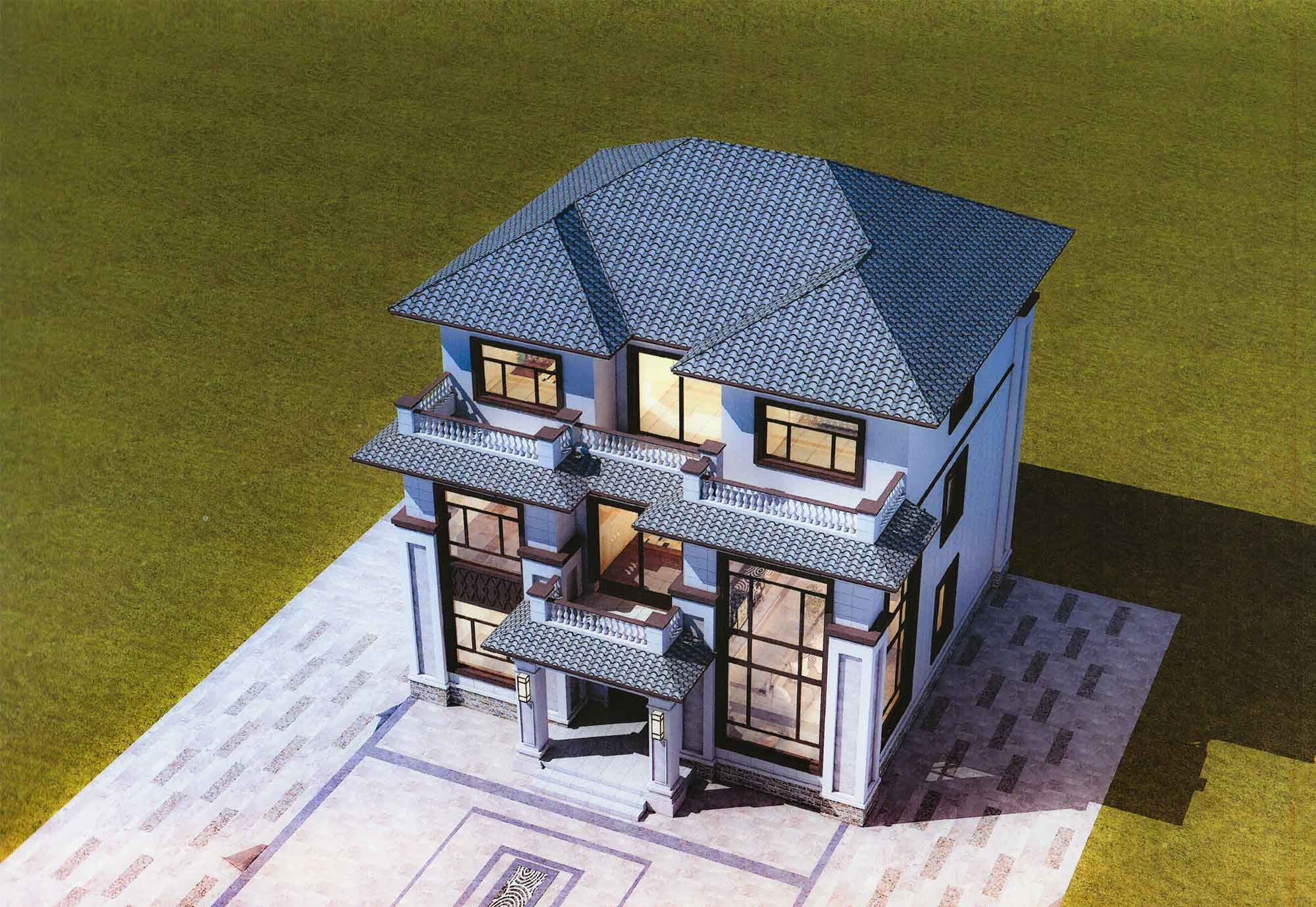 C346农村建房三层新中式别墅效果图+施工指导