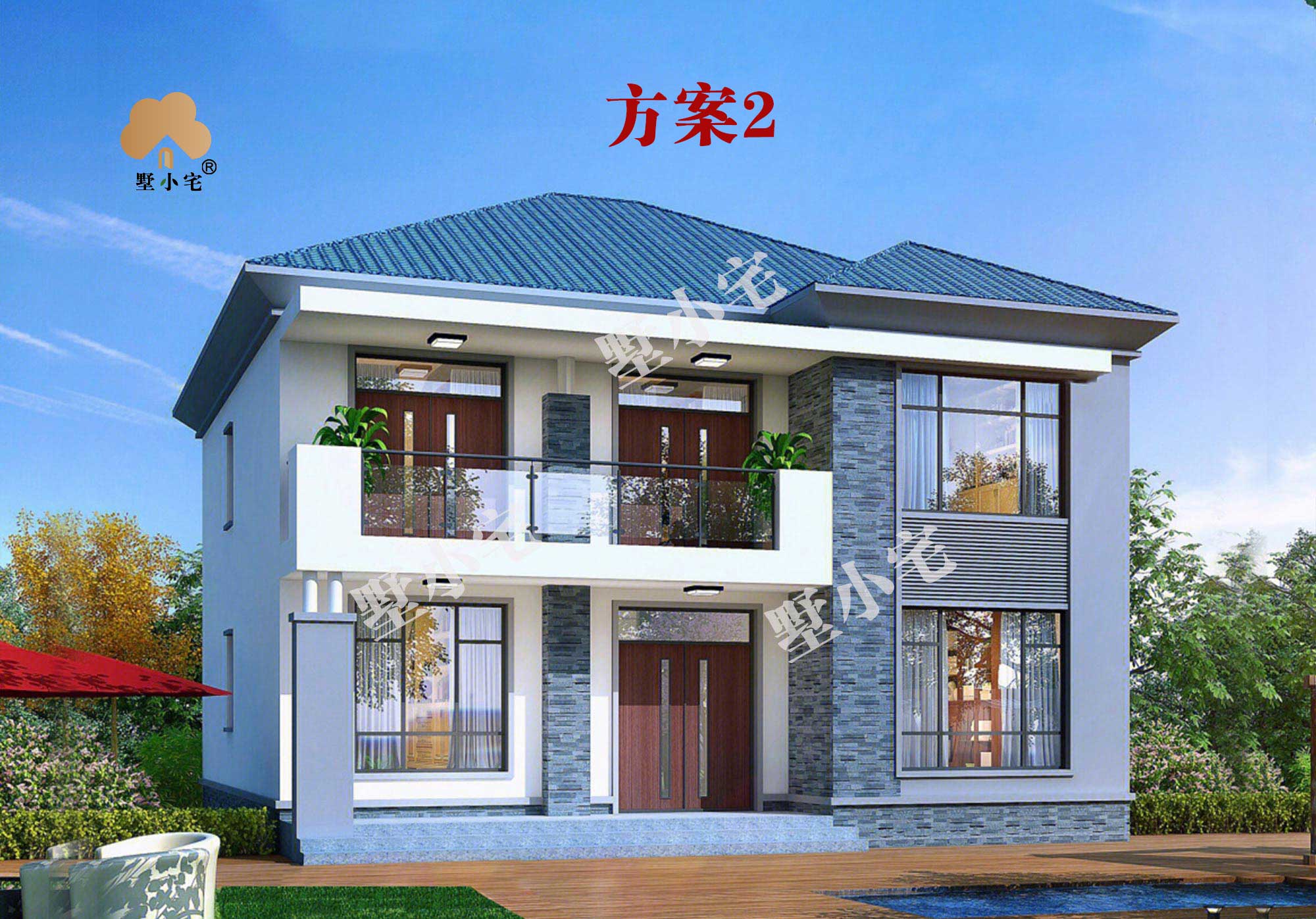 B897简约现代的二层坡屋顶别墅设计图，新农村住宅图集12.8×12