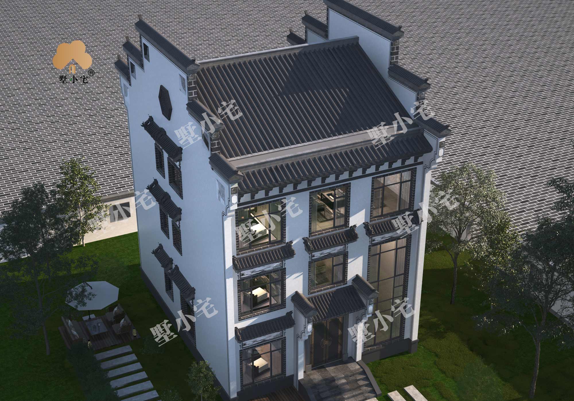 曾C1024新农村自建三层复式徽派风格别墅设计施工图，带电梯，10.05×13.2