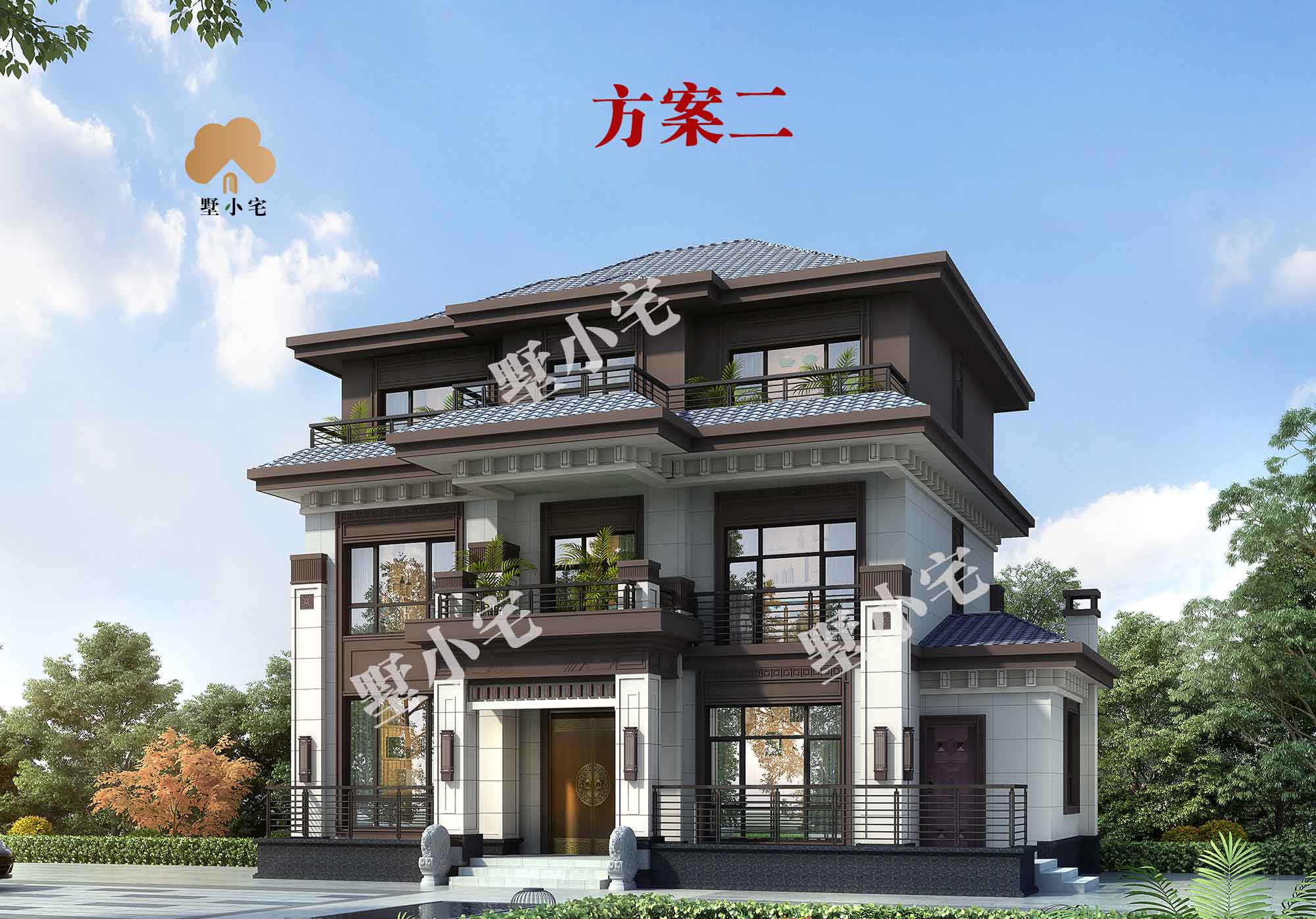 B580【两层别墅】豪华大气农村别墅图纸超市及效果图-3个方案