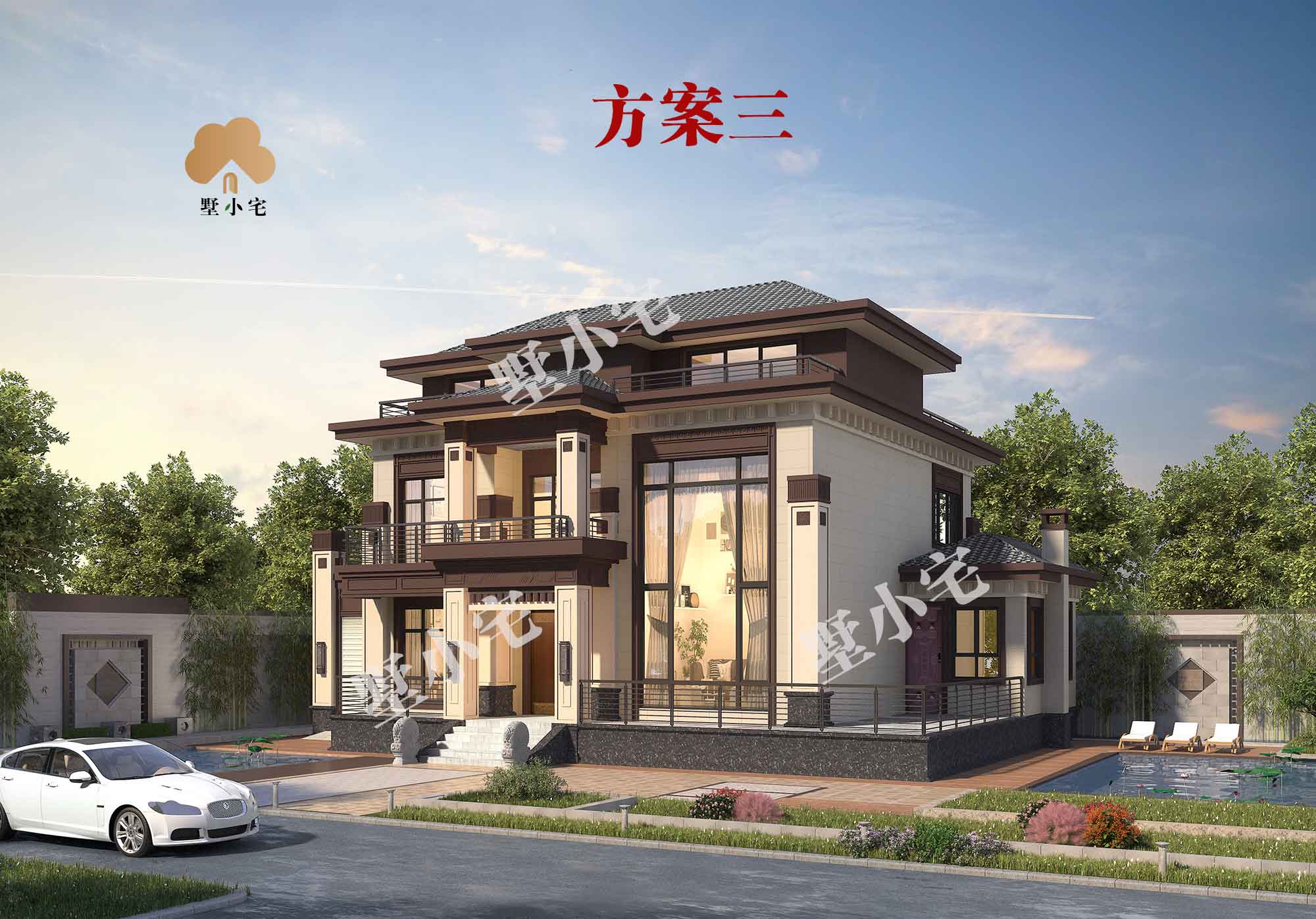 B580【两层别墅】豪华大气农村别墅图纸超市及效果图-3个方案