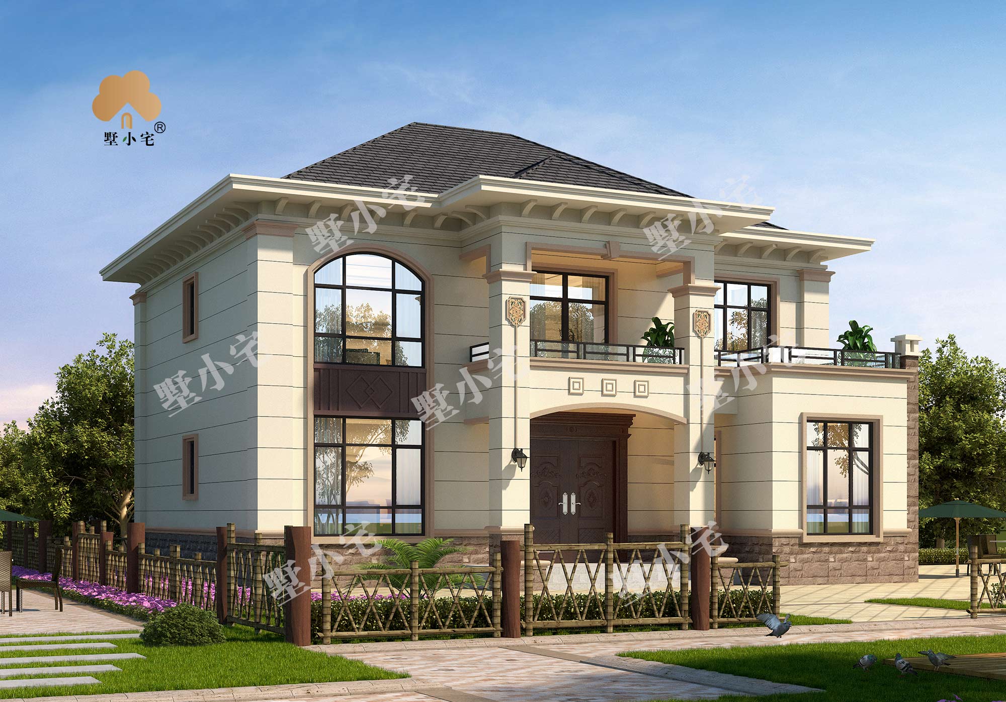 曾B1030农村28万新中式别墅建筑设计图纸（含外观效果图），带堂屋，13.06×13.5