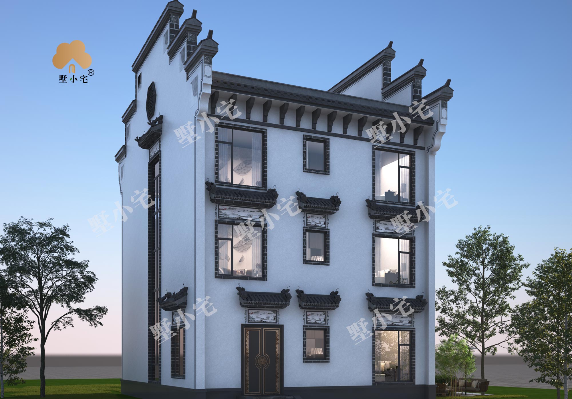 曾C1024新农村自建三层复式徽派风格别墅设计施工图，带电梯，10.05×13.2