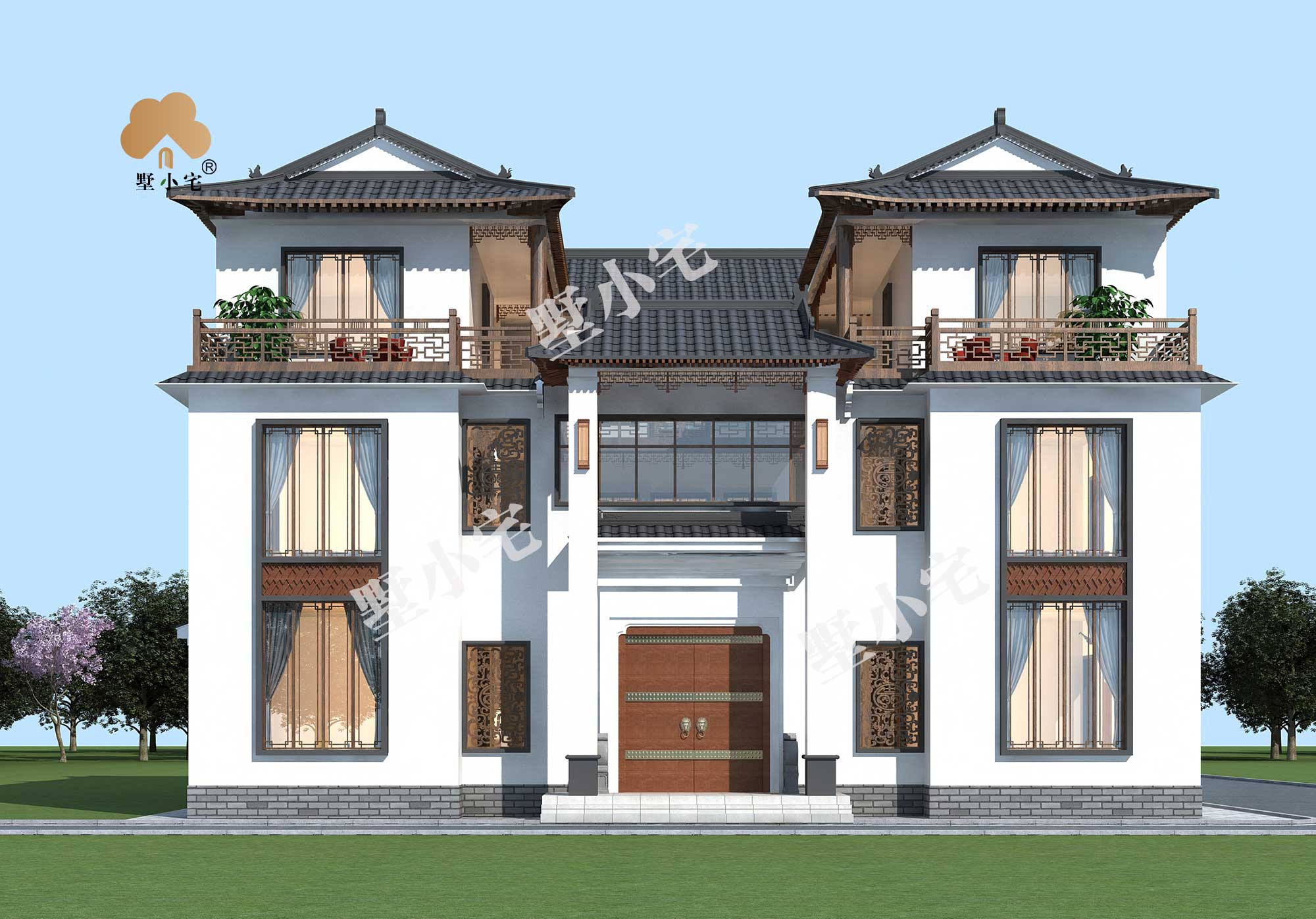 C800【农村四合院】三层豪华大气三合院别墅详细建房施工图纸