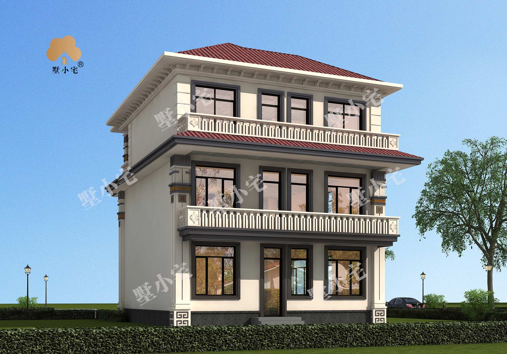 曾C960造价26万农村自建三层新中式小别墅设计图，内部布局紧凑温馨，9.5×12.5