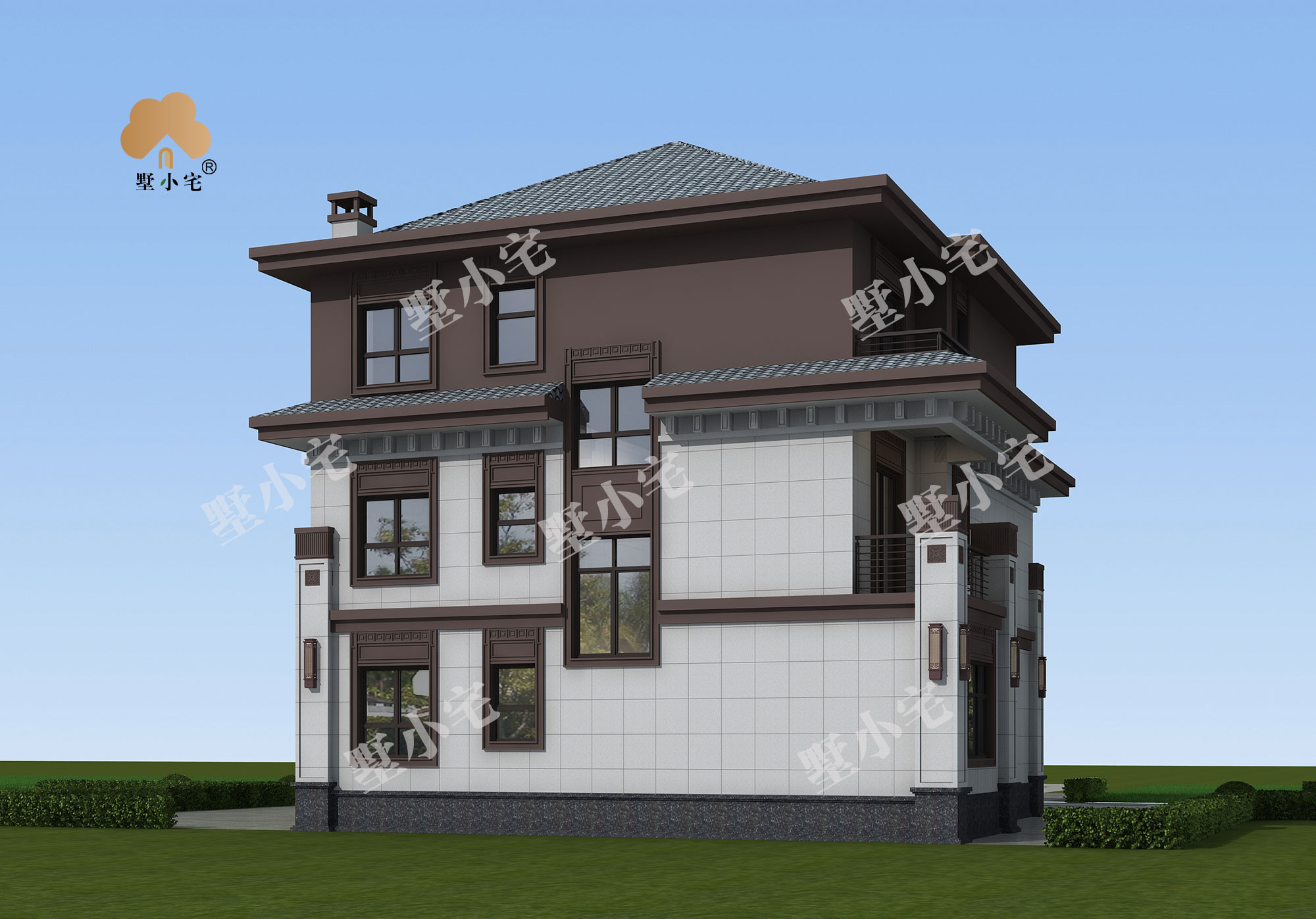 曾C9661三层新农村新中式自建别墅设计图及效果图，客厅挑空，优化室内采光，11.76×12.96