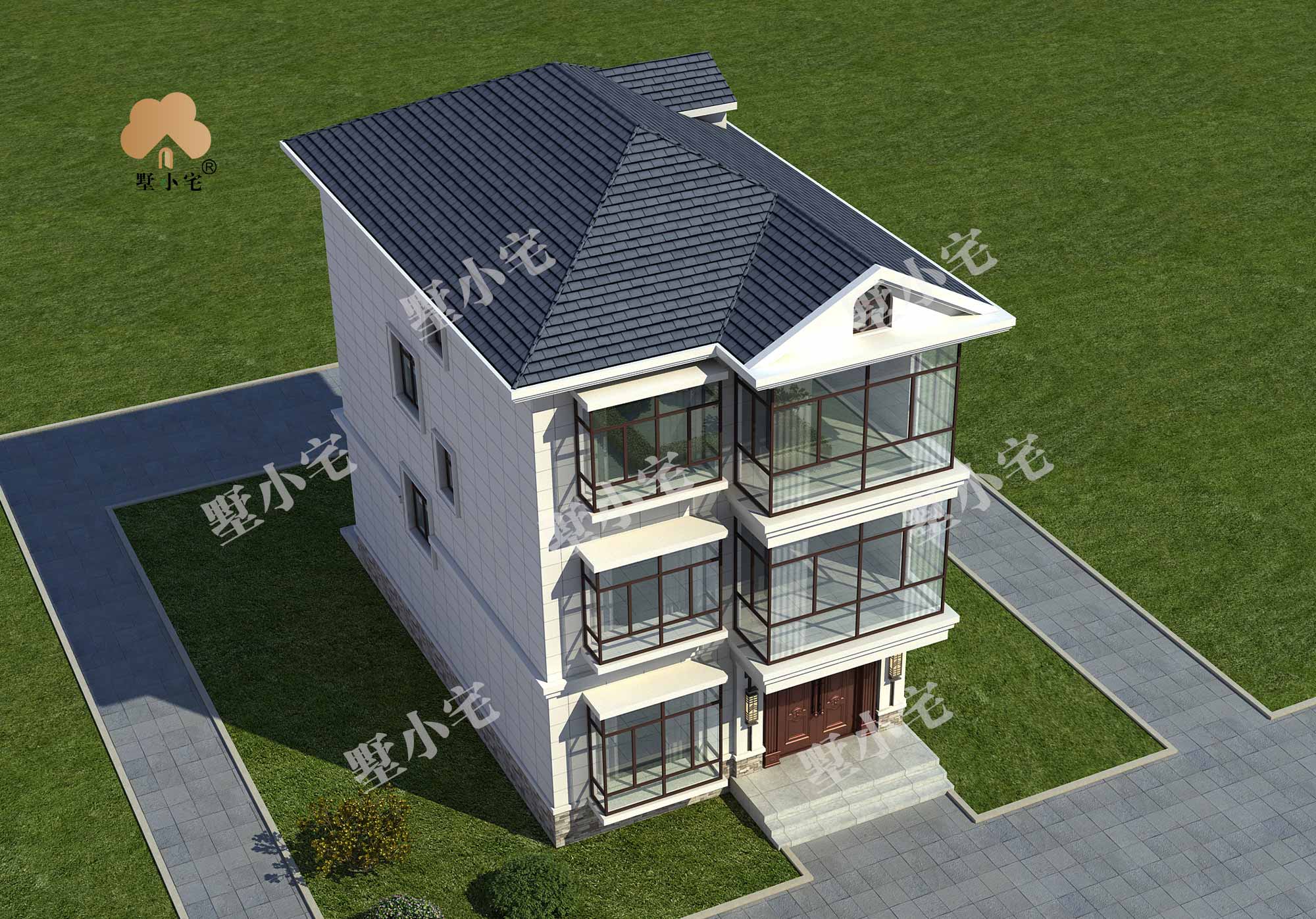 曾C937农村小面宽新中式三层房屋效果图及施工图，带电梯设计，8×12.8