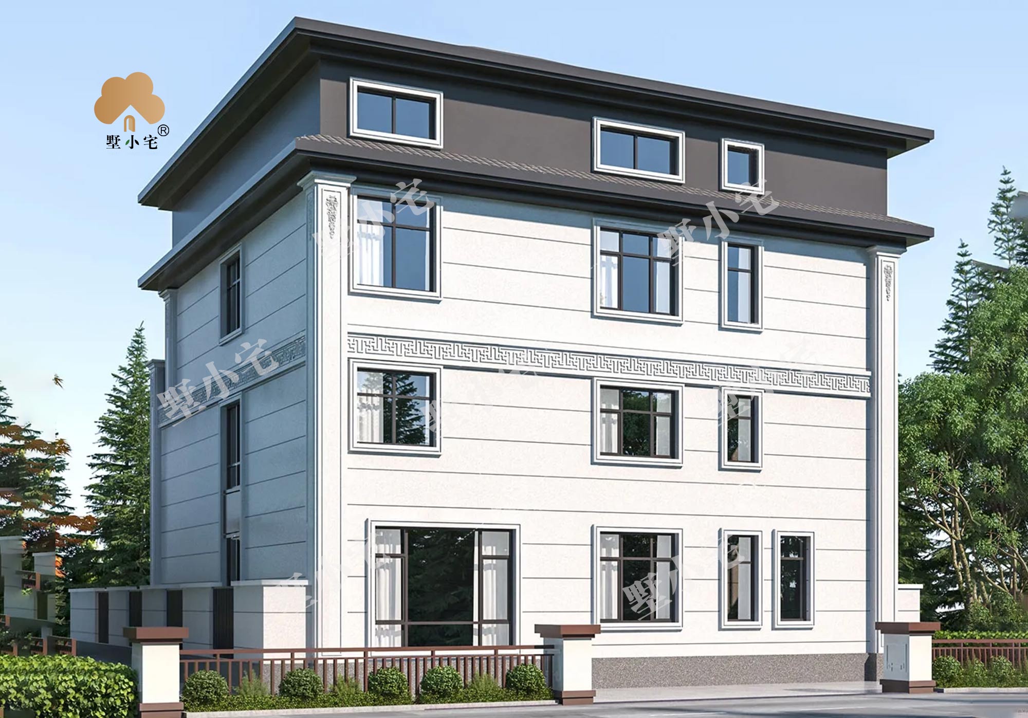 曾C934农村新中式三层复式别墅建筑施工设计图纸及效果图大全，带庭院设计，14.6×14.5