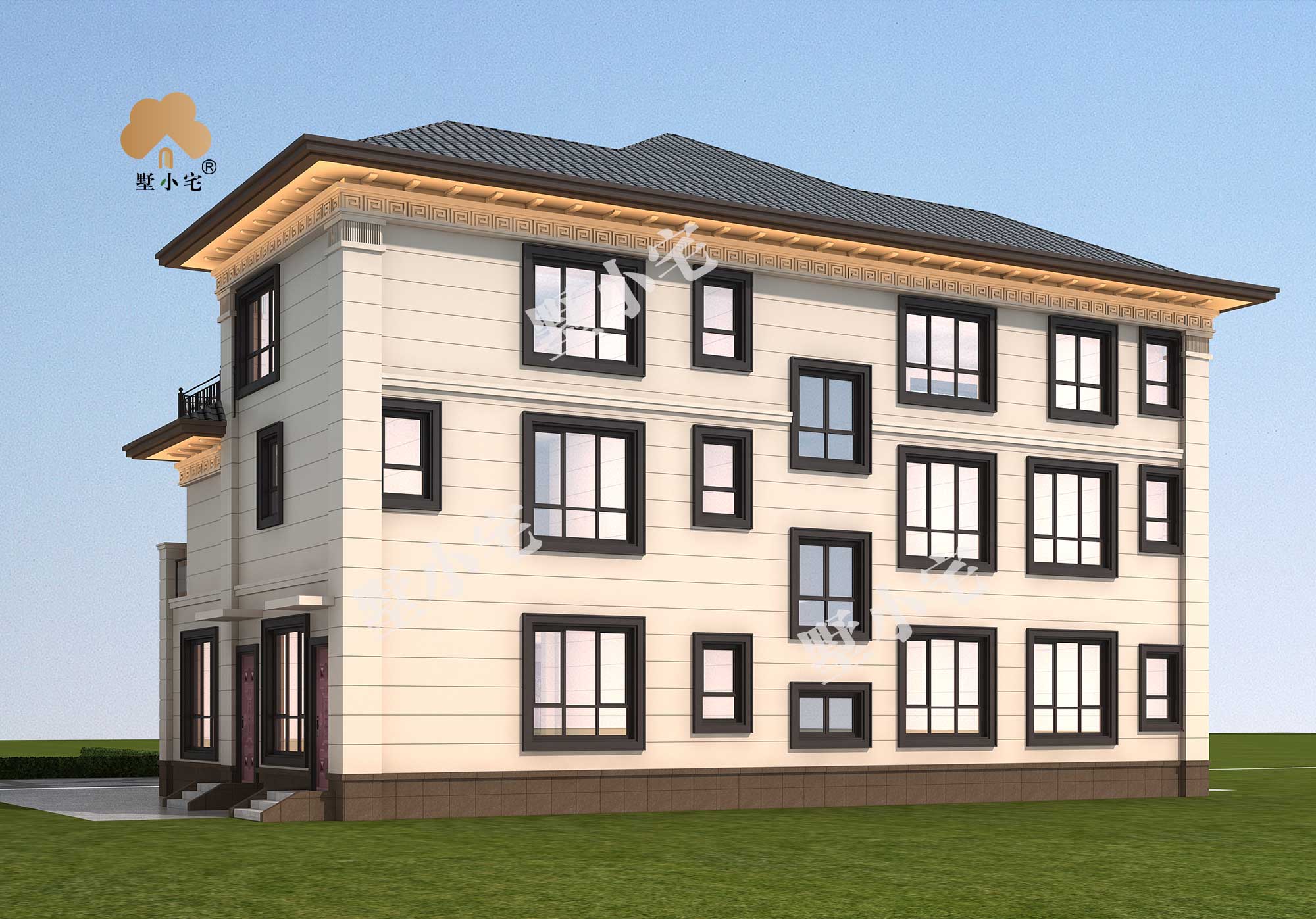 C376【别墅设计】三层新中式乡村别墅外观效果图，经济耐看又实用