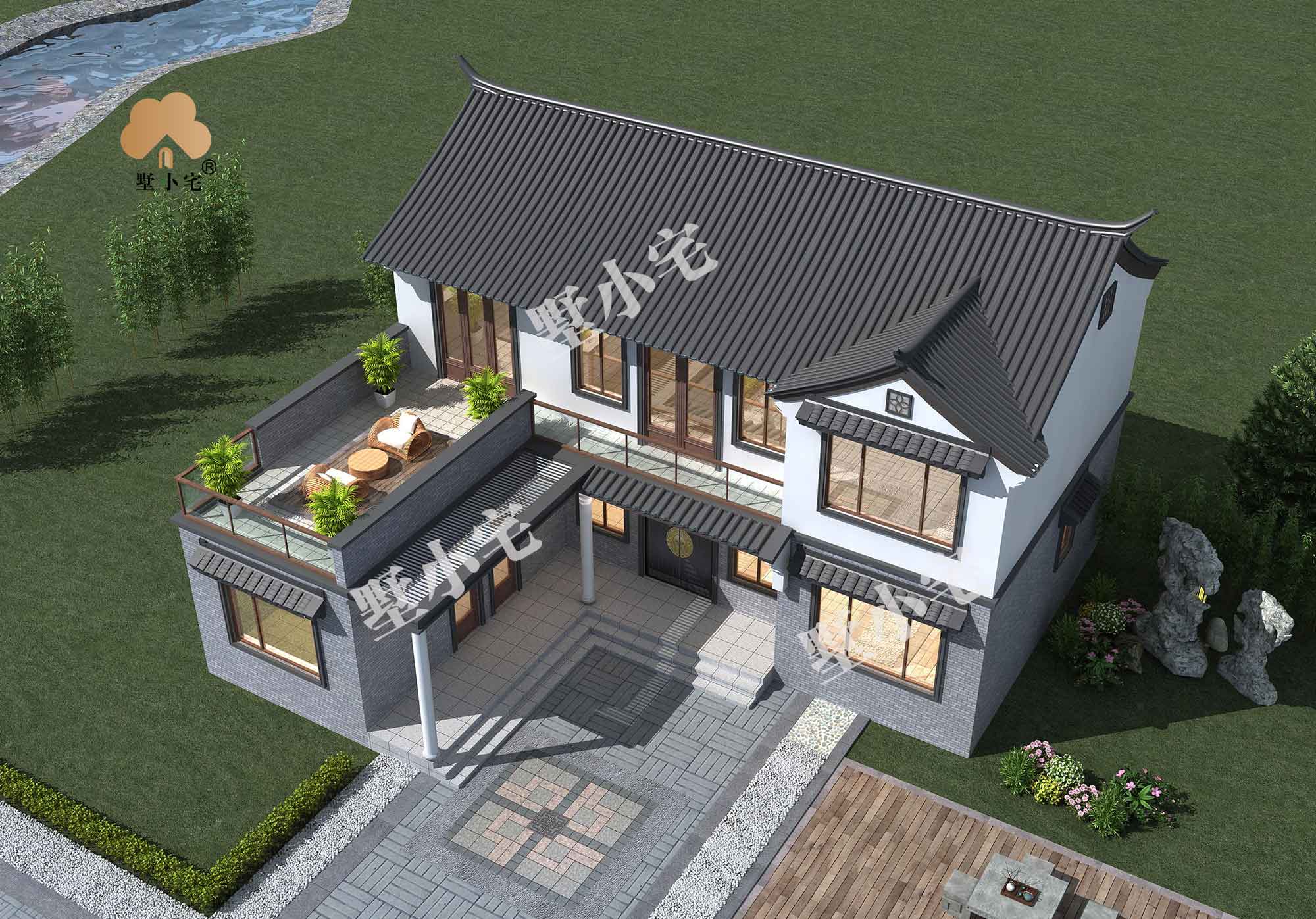 B8081[L型别墅]农村自建二层中式风格七字型房屋图片