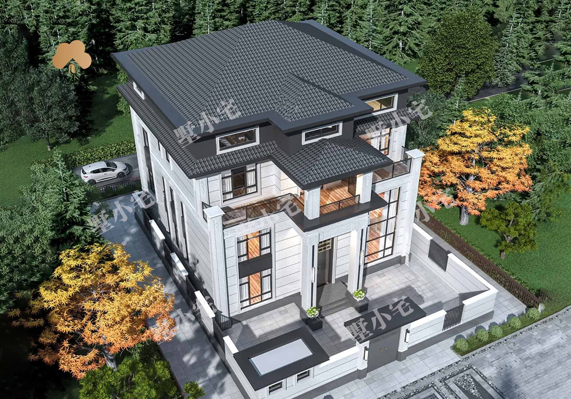 曾C934农村新中式三层复式别墅建筑施工设计图纸及效果图大全，带庭院设计，14.6×14.5