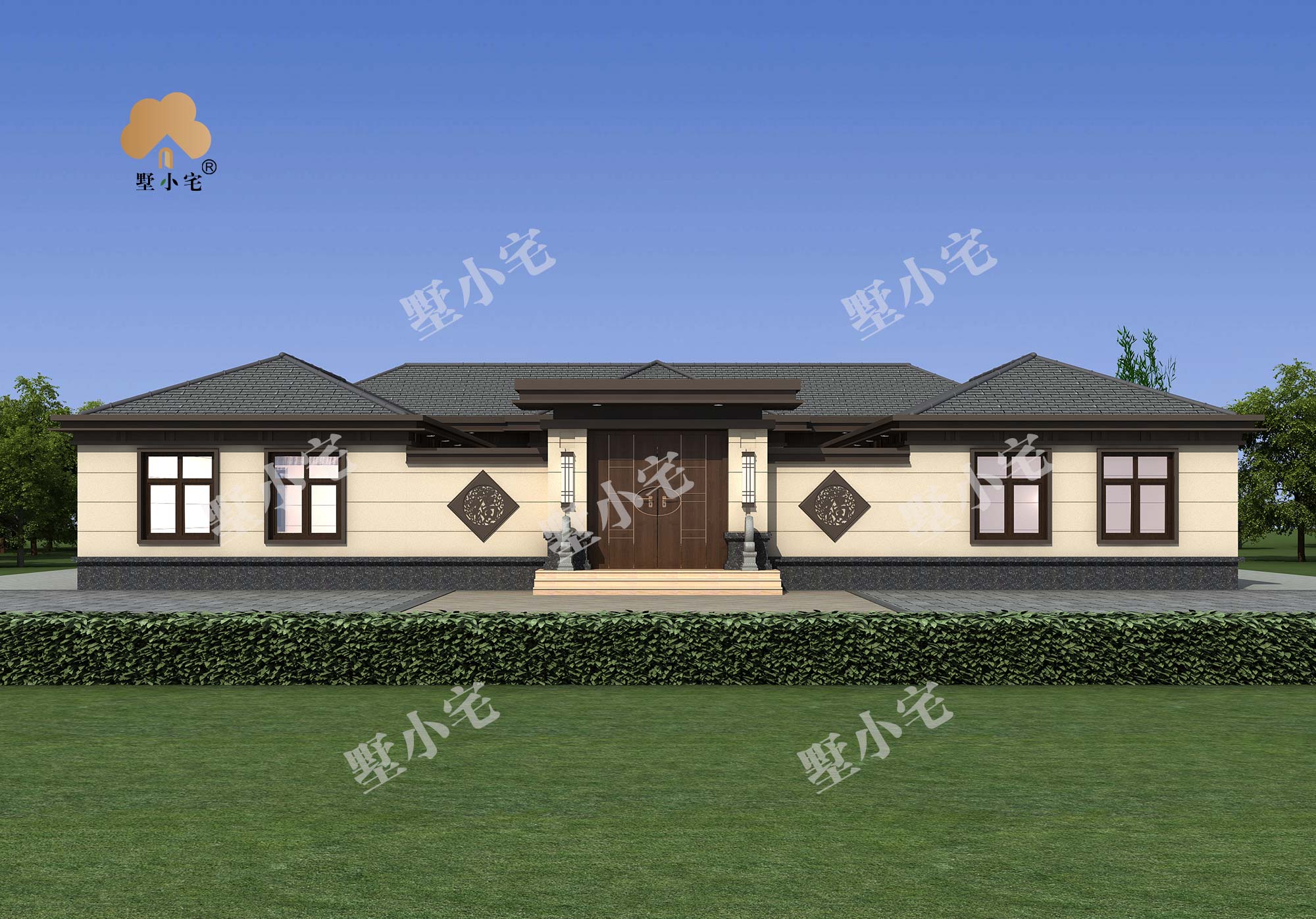曾A1004农村中式一层四合院自建房户型方案图，带庭院设计，23.8×25.3