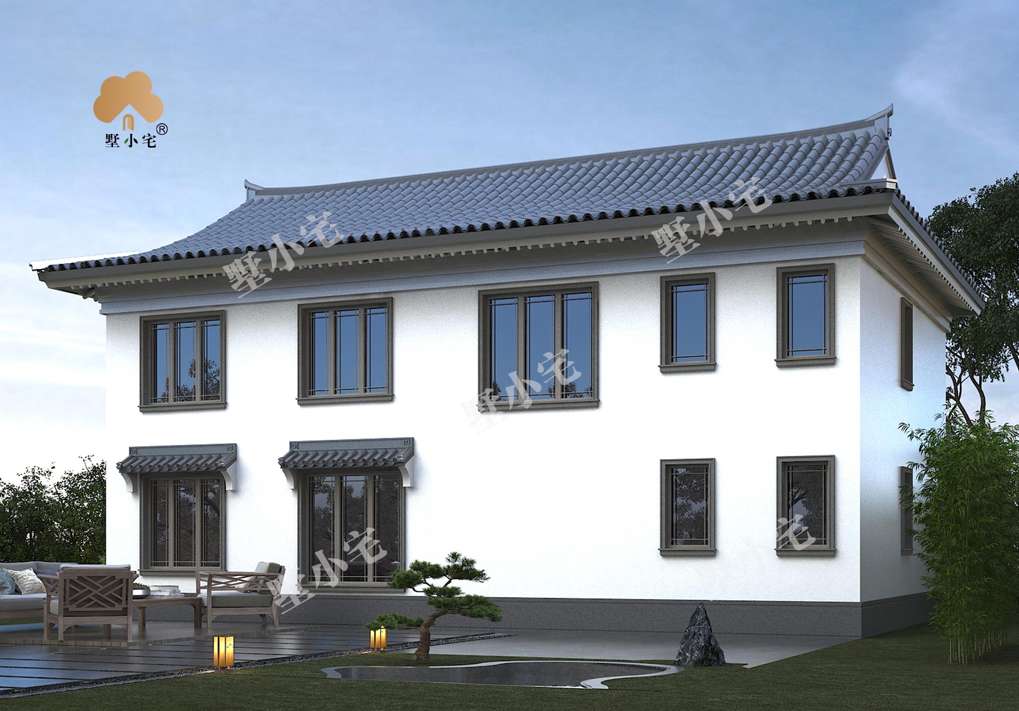 B1100独栋中式二层别墅施工设计图带外观图，带堂屋，17.67×11.26