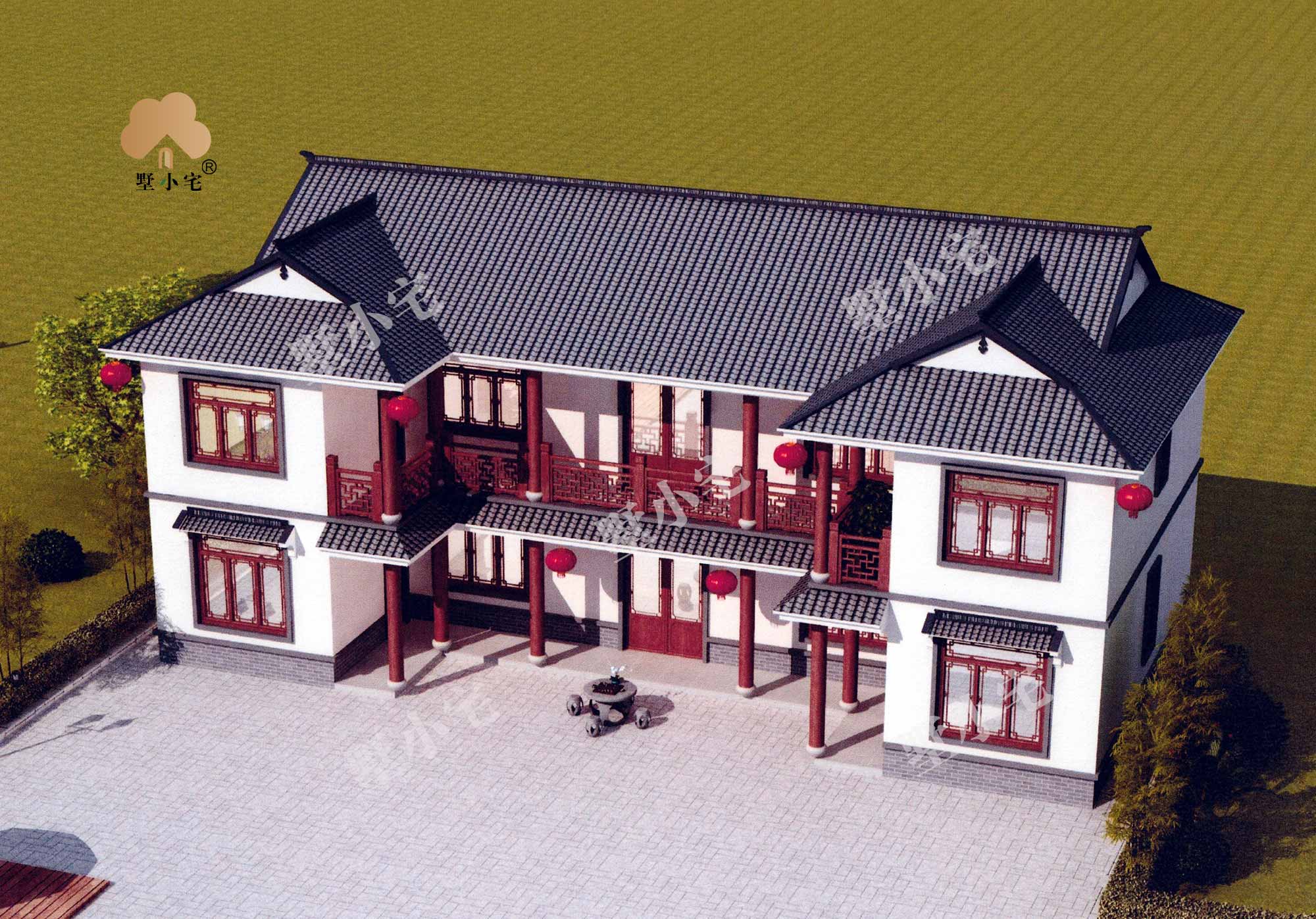 B1084二层中式三合院农村自建别墅图，古典大气白墙黛瓦，19.99×9.68