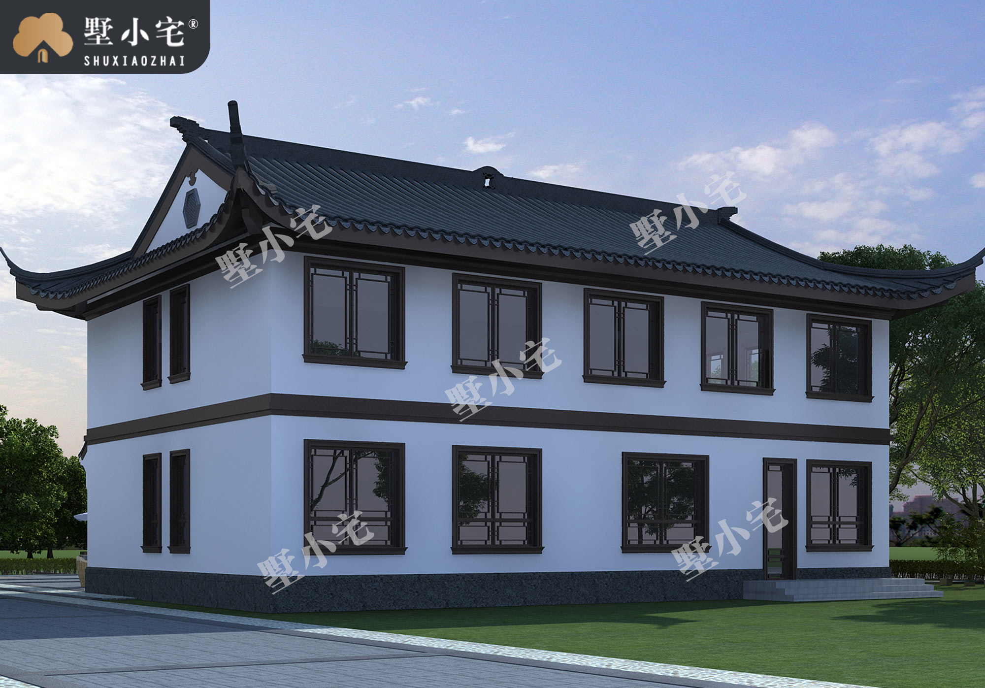 B1141乡村典型自建房仿古中式二层别墅设计图，带堂屋，17.5×13.3