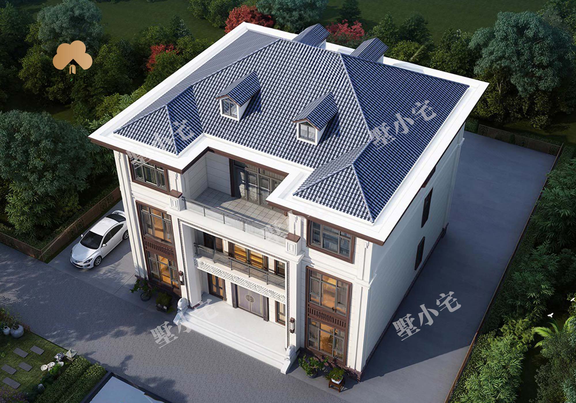 C1085三层复式新中式别墅房屋设计图纸，外观对称，经典大气，14×12.8