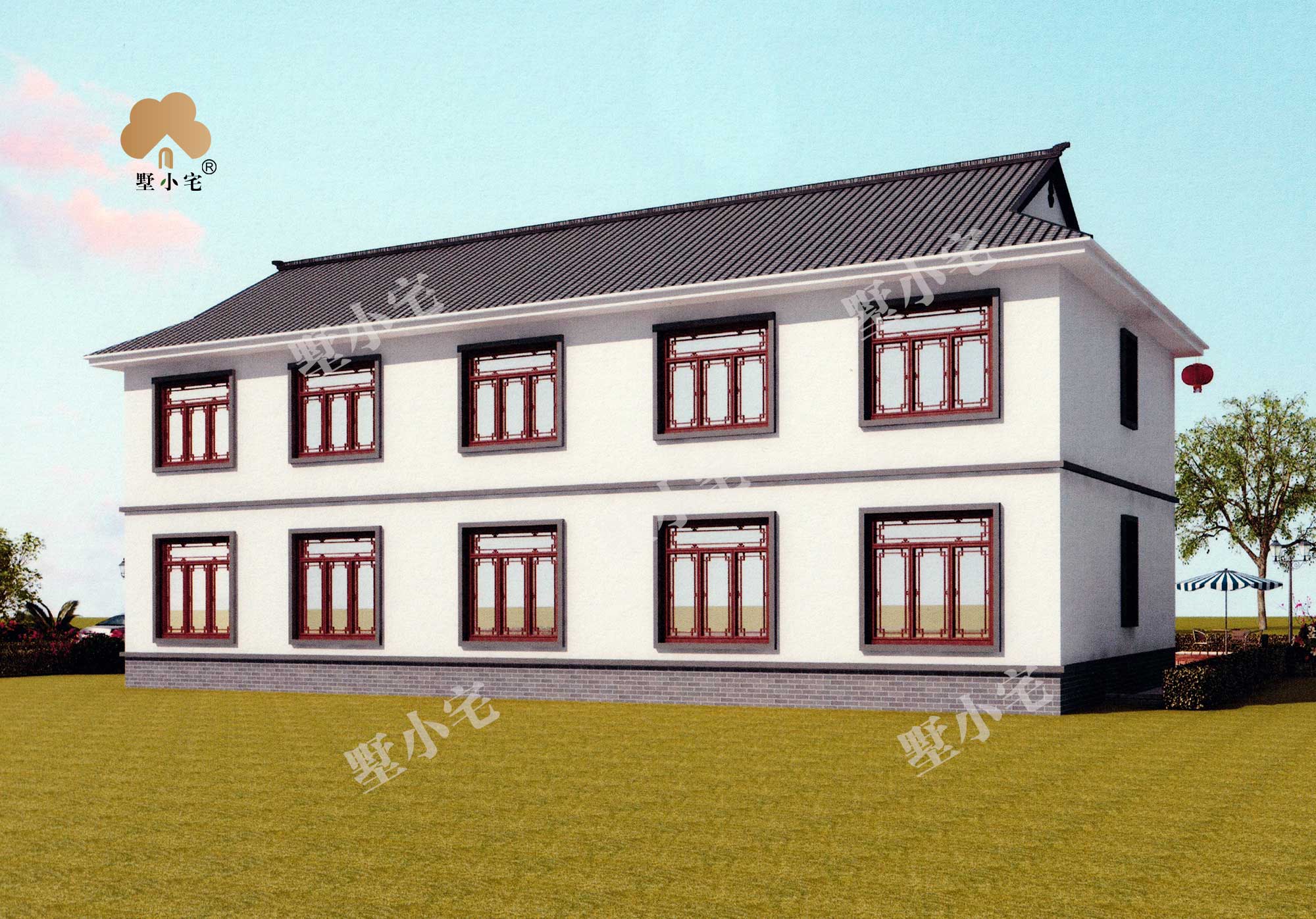 B1084二层中式三合院农村自建别墅图，古典大气白墙黛瓦，19.99×9.68