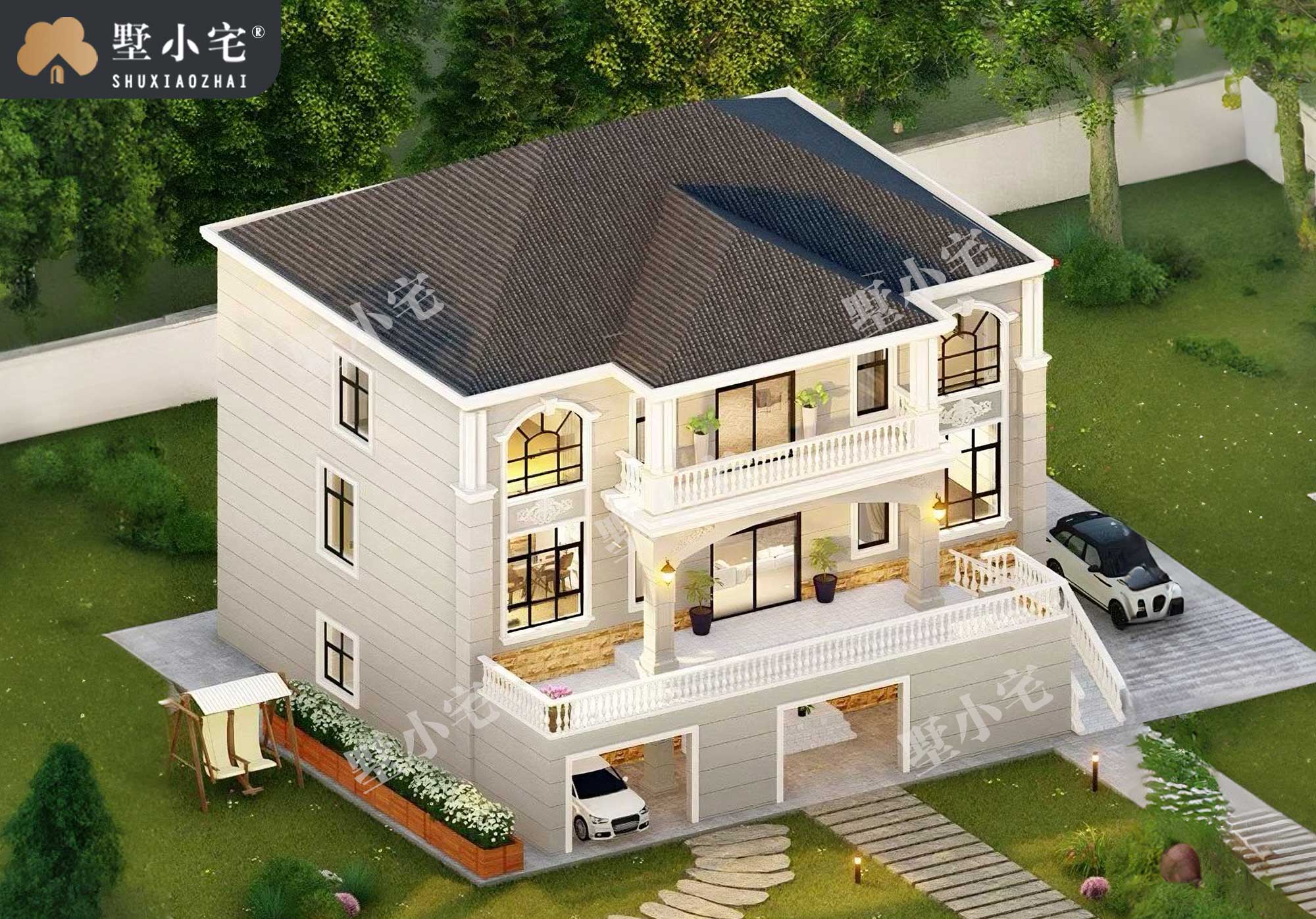 C1102二层带架空层的农村别墅设计图，功能齐全，简欧风格，14.76×12.58