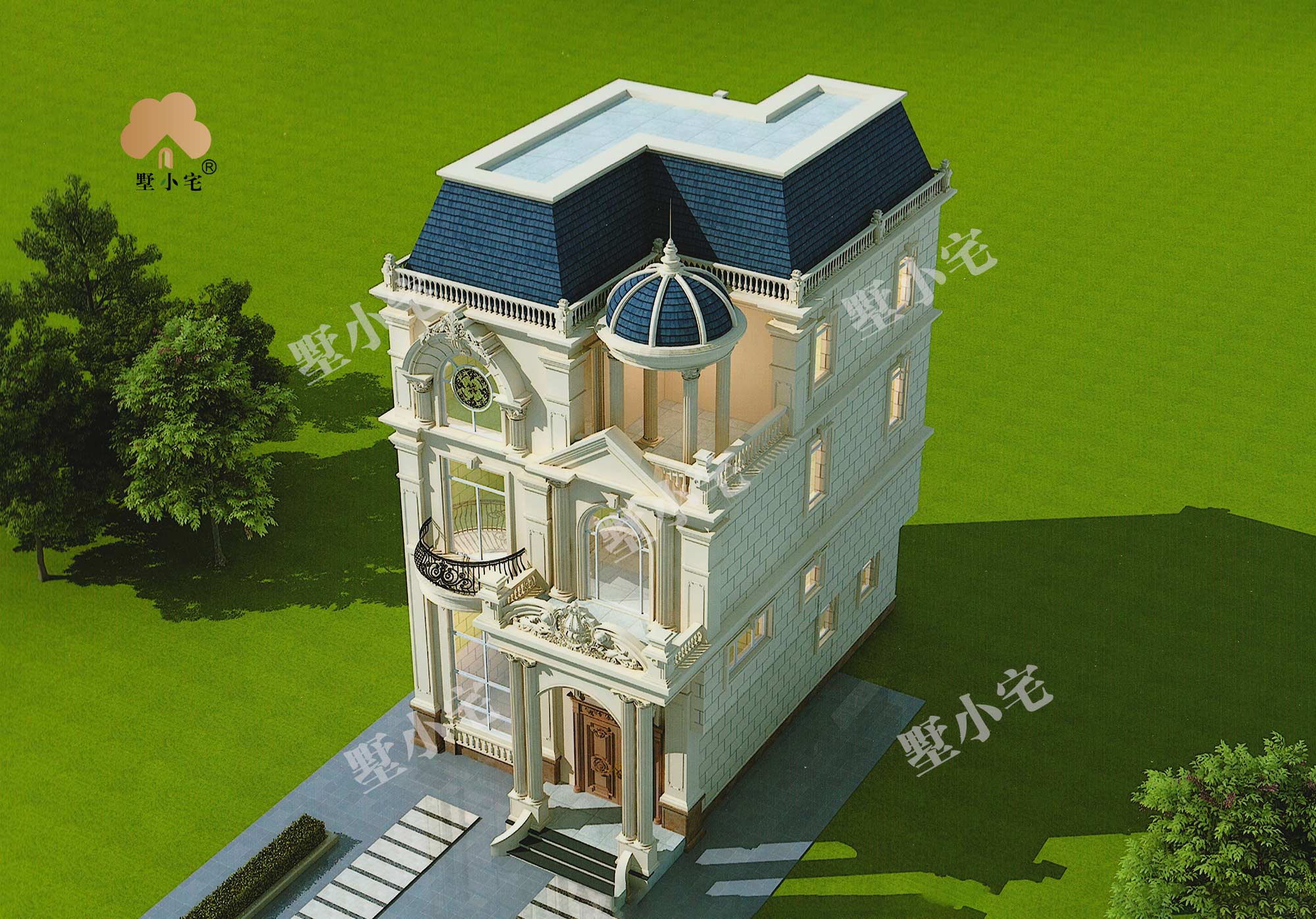C1080占地百平农村三层两间欧式别墅设计图纸，复式挑空客厅，7.8×13.8