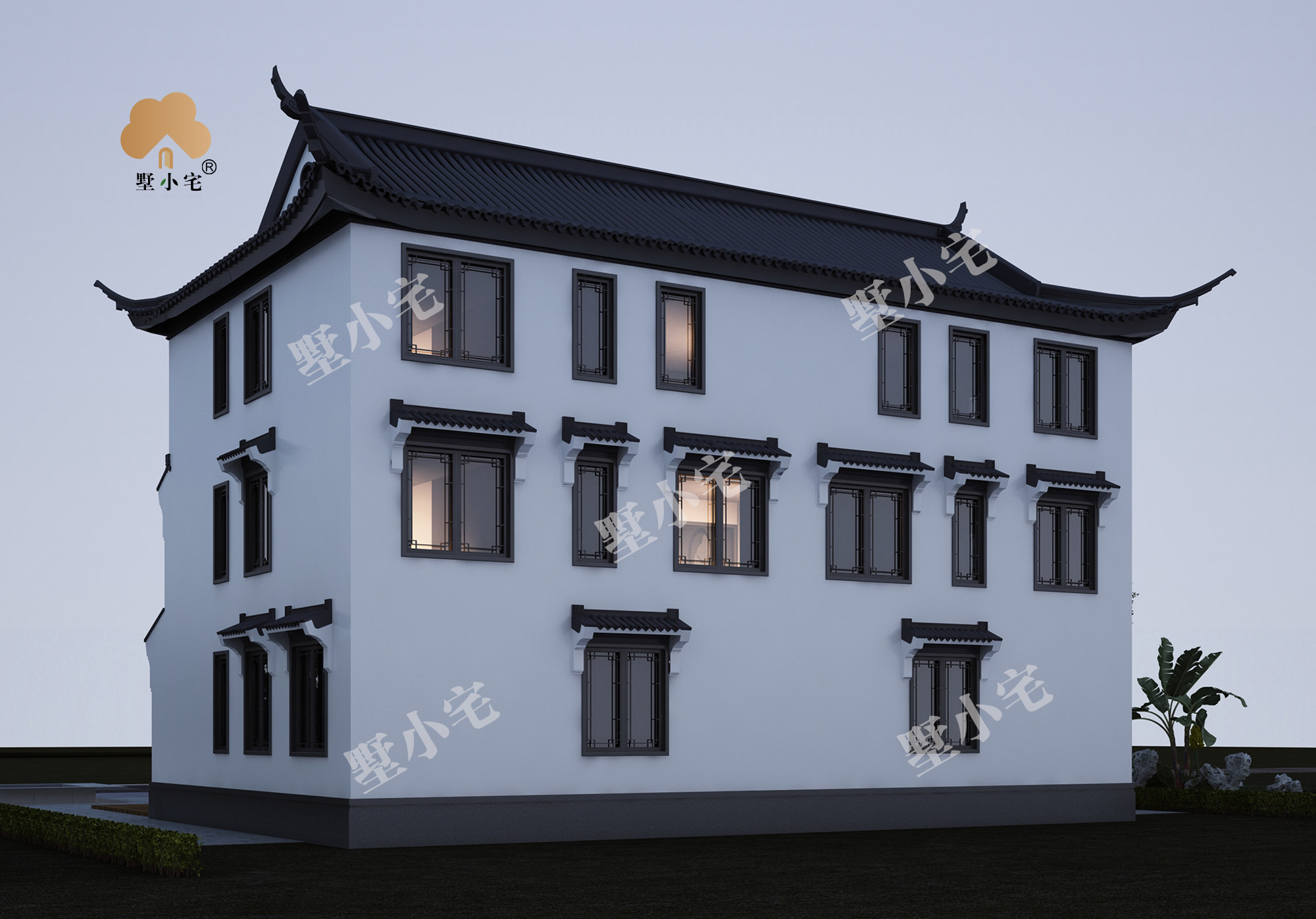C1083中式农村兄弟合建三层双拼别墅全套设计图纸，古朴雅致代代相传，17.56×11.52