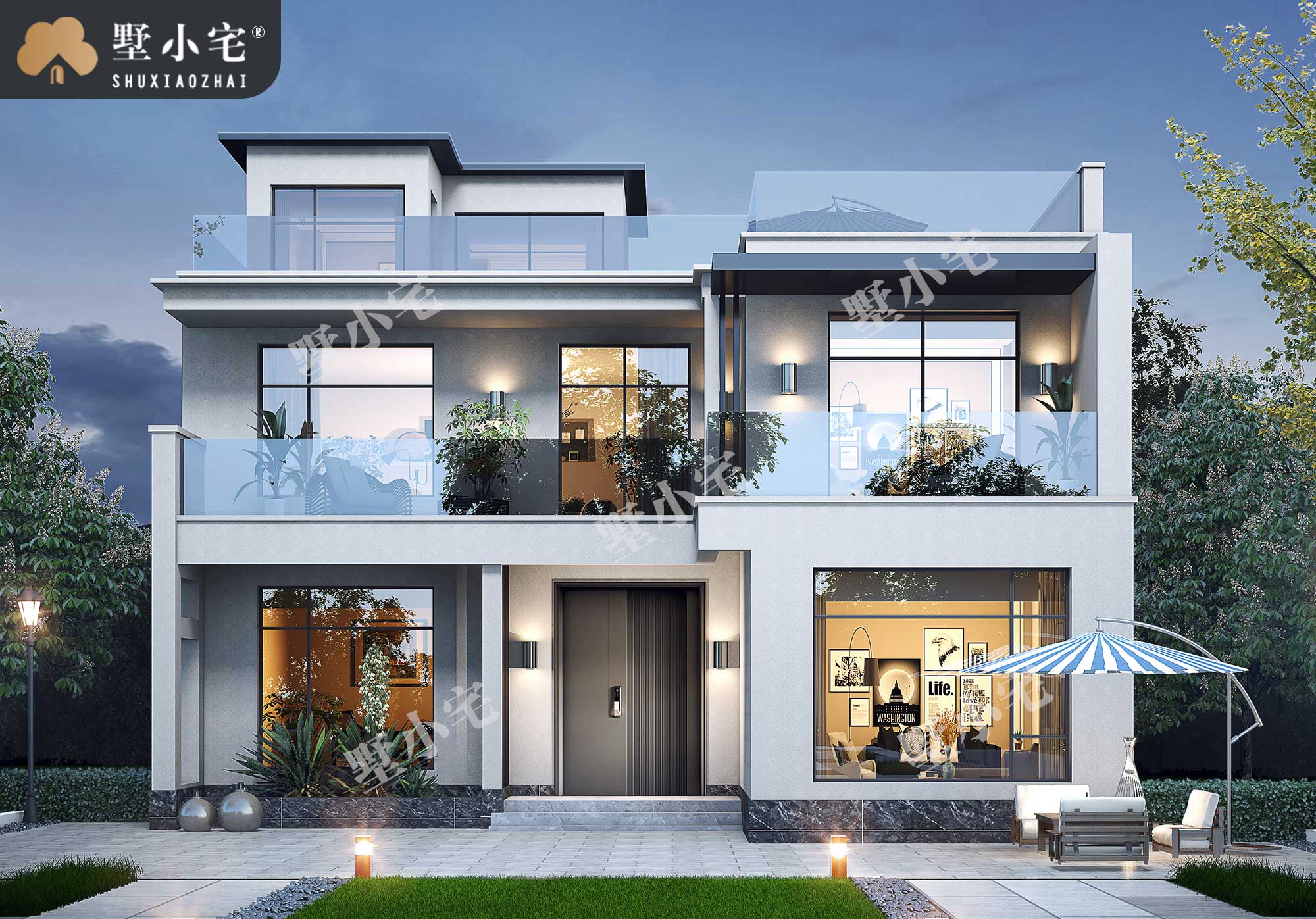 C1132农村现代三层建房子设计图及效果图，带屋顶大露台，11.76×14