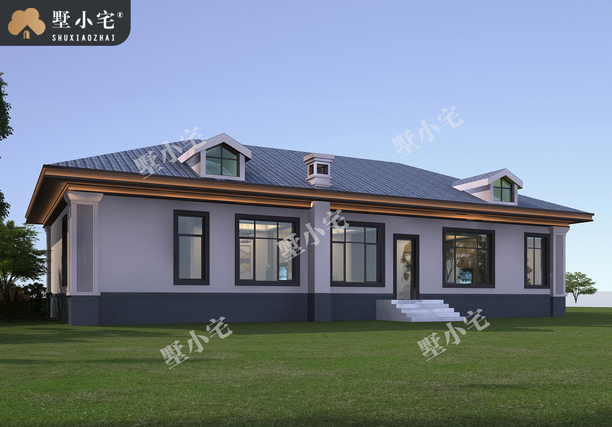 A1034五开间一层新中式风格农村平房设计图，带堂屋设计，20×11.86