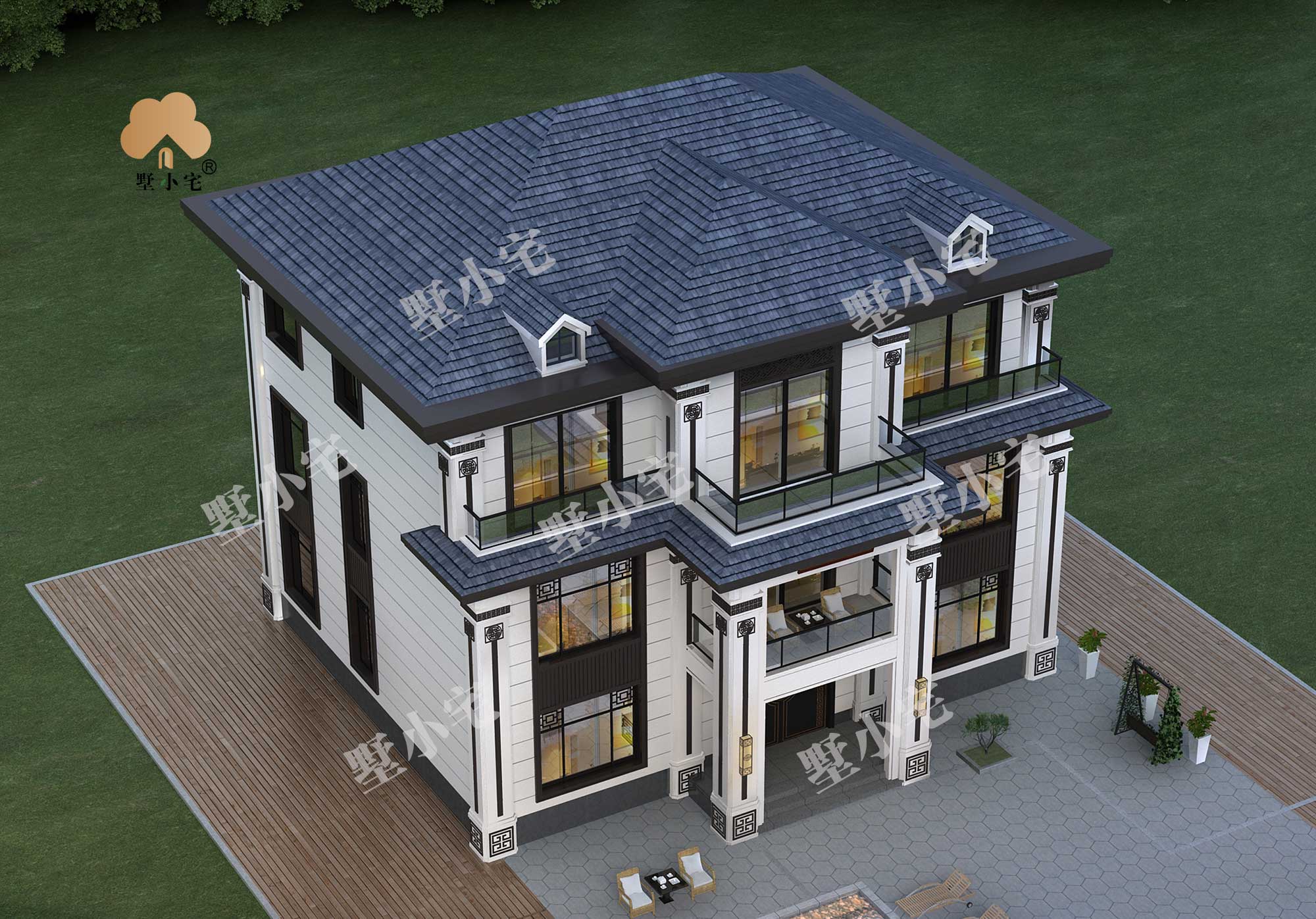 曾C1049农村新中式三层别墅设计CAD图纸带效果图，客厅中空，14.76×13.86