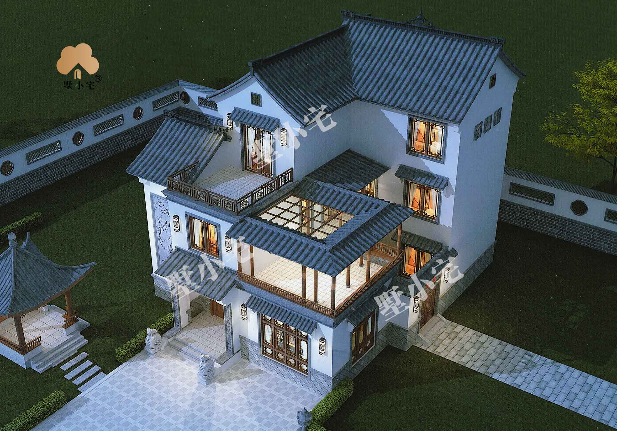 C1057新农村三层中式别墅施工建筑设计图及效果图，造价34万左右，13.3×15