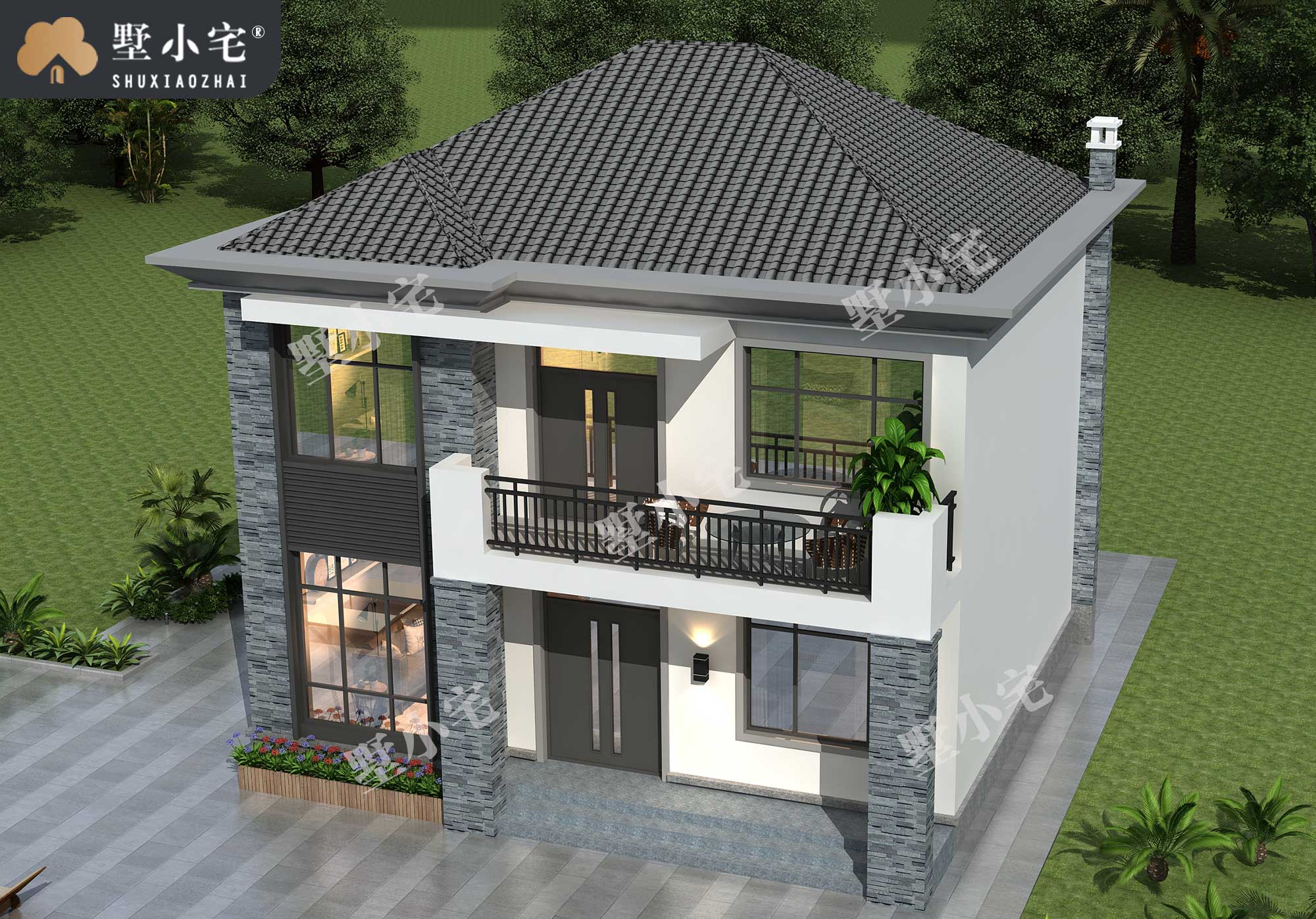B1131独栋二层现代风坡屋顶别墅cad设计图纸，造价21万，10.24×9.24