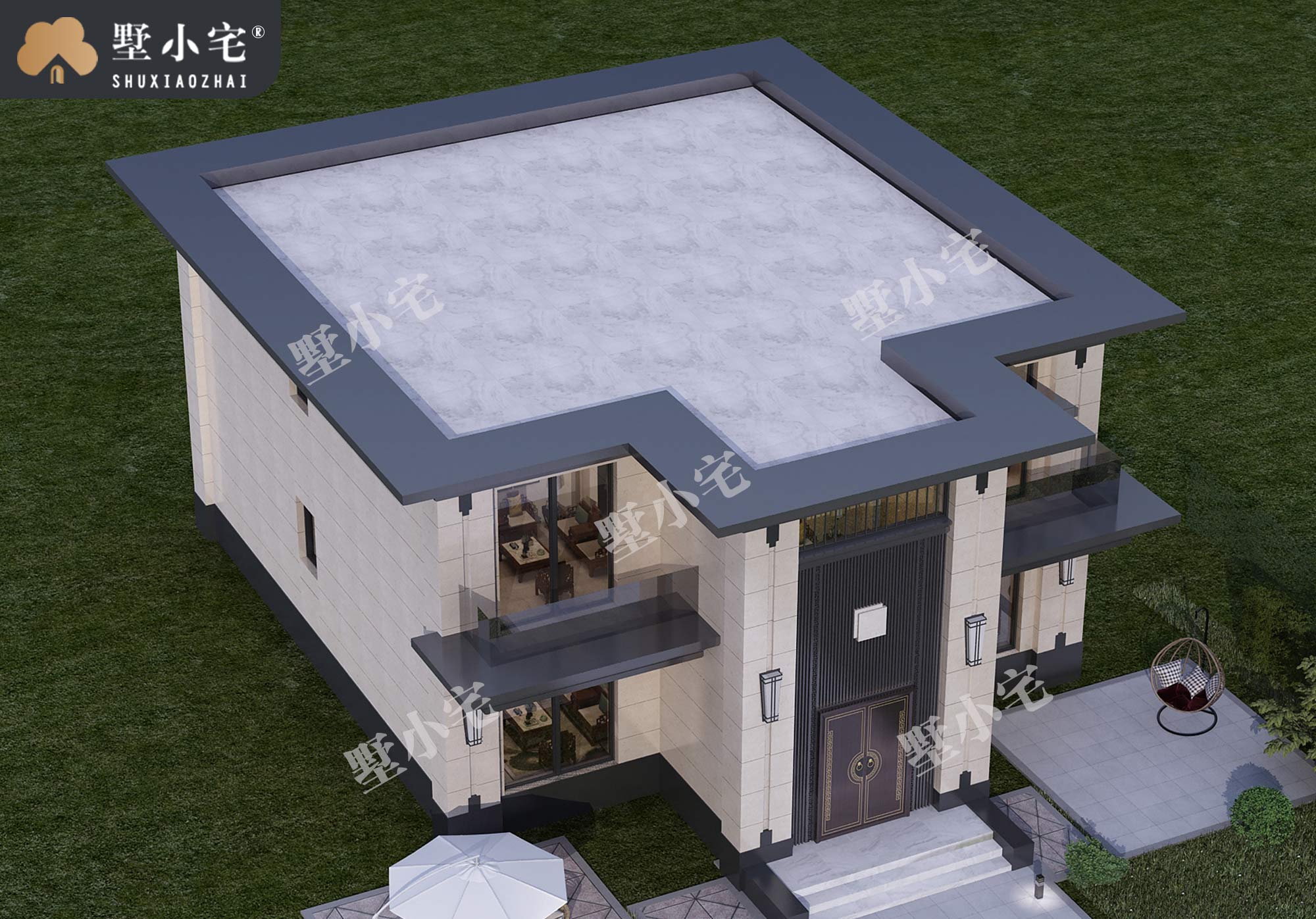 B1140两层平屋顶新中式房屋施工建筑设计图纸，外观大气，11.76×14.76