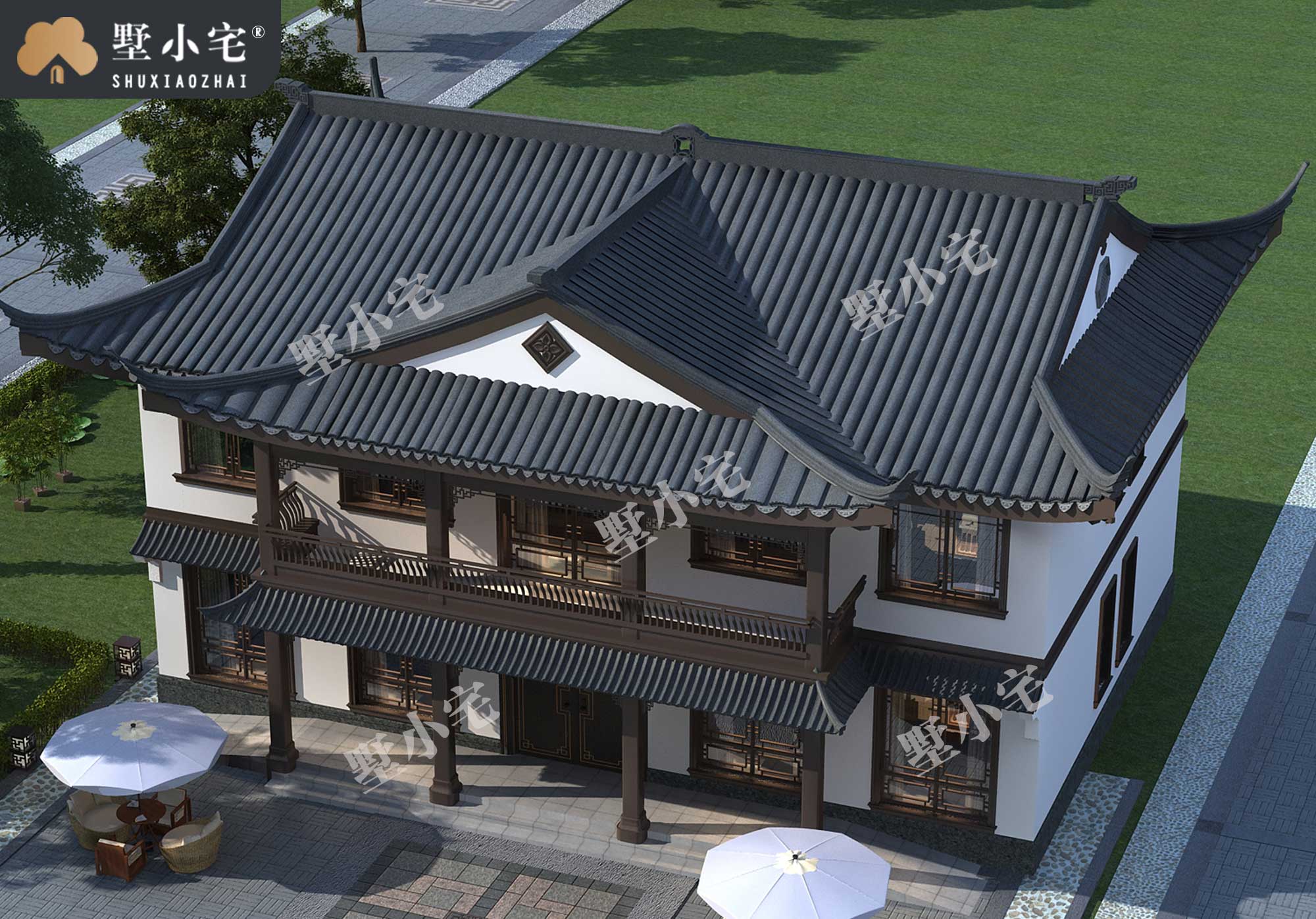 B1141乡村典型自建房仿古中式二层别墅设计图，带堂屋，17.5×13.3