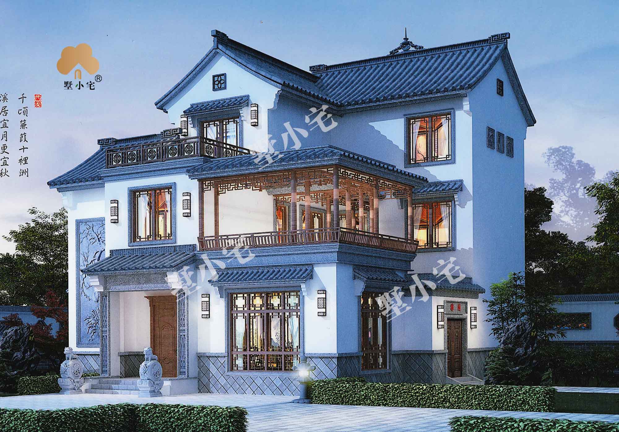 C1057新农村三层中式别墅施工建筑设计图及效果图，造价34万左右，13.3×15