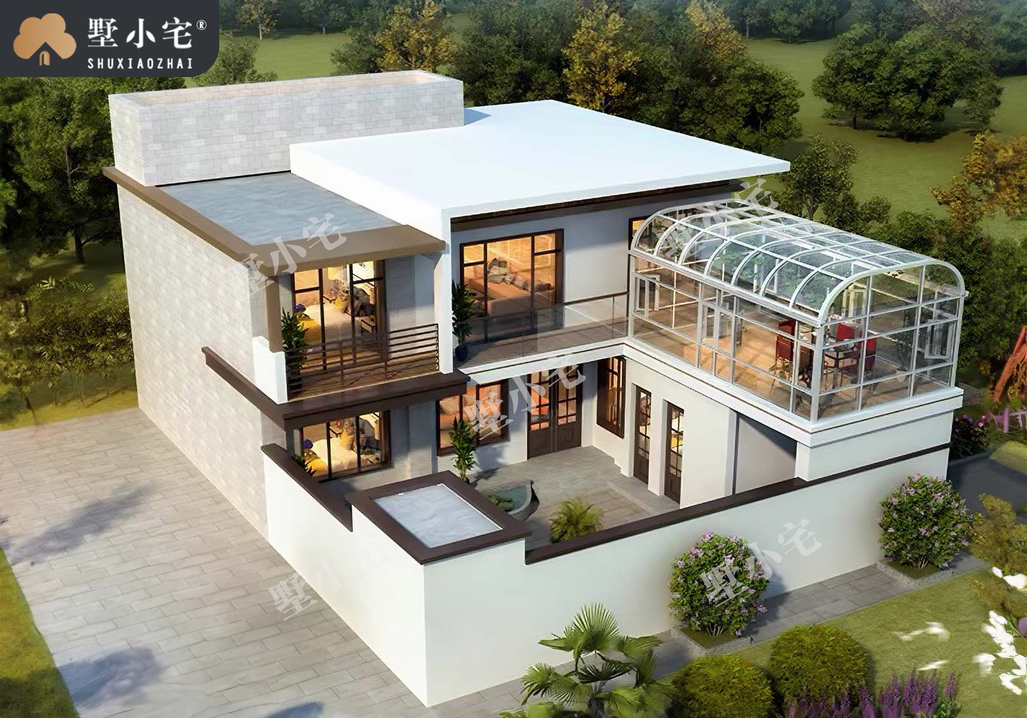 B1170农村最新式的房子款式，二层现代风别墅带庭院与阳光房设计效果外观图，14×19米