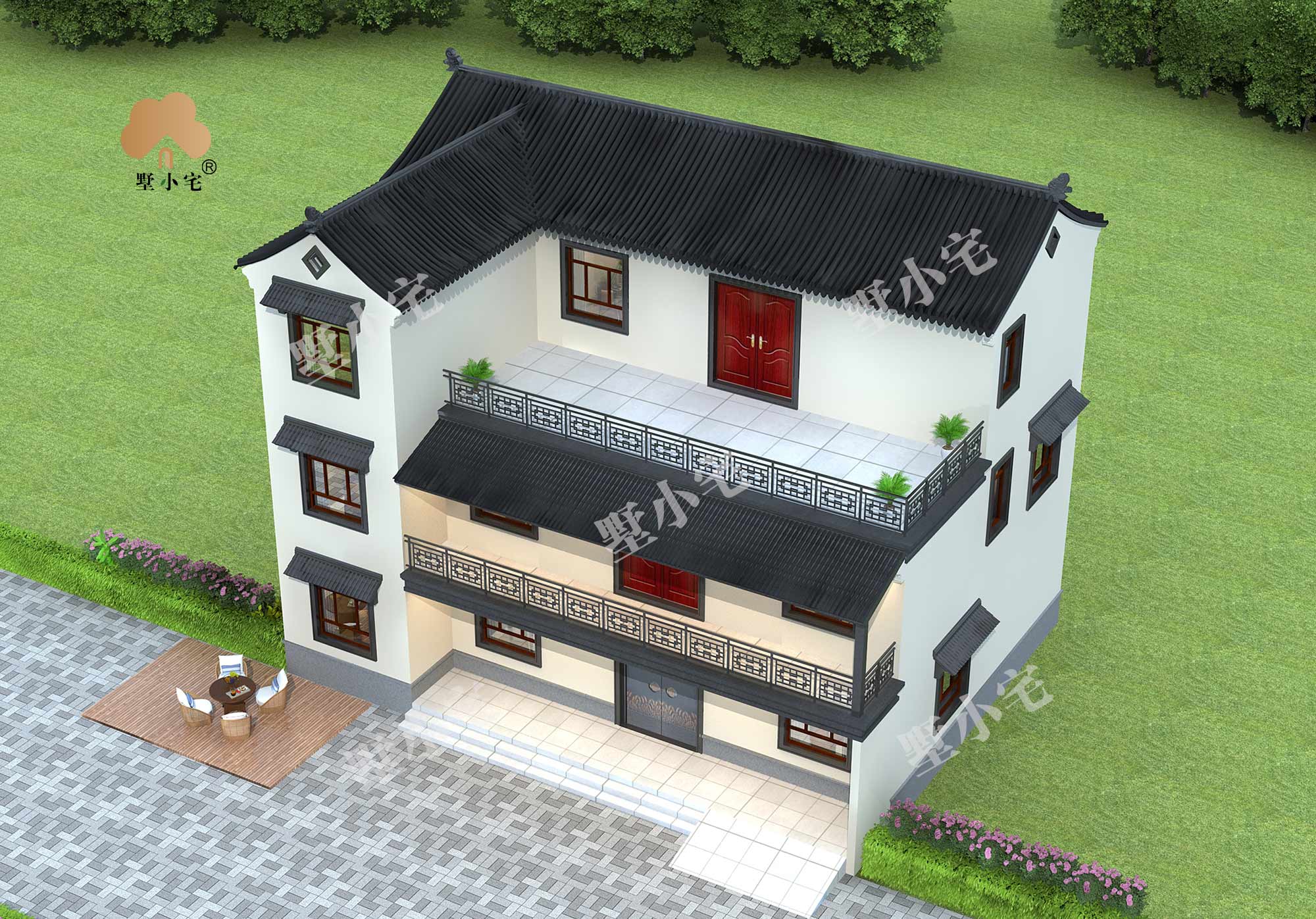 C1071农村中式三层别墅施工建筑设计图纸，带大露台，15.8×12