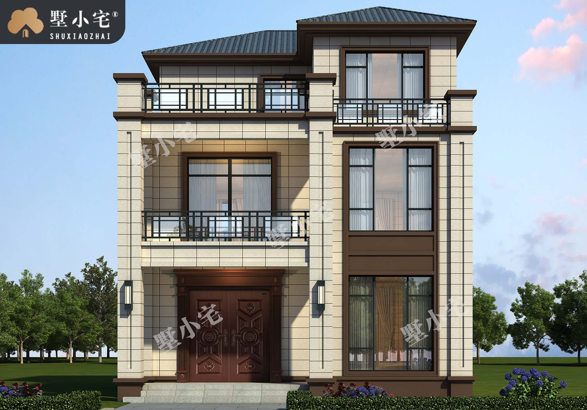 C1131三层新中式独栋别墅设计图，小户型自建房屋效果图，9.24×14.04