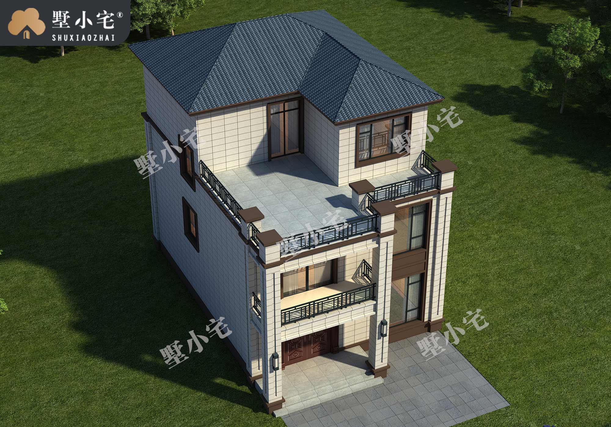 C1131三层新中式独栋别墅设计图，小户型自建房屋效果图，9.24×14.04