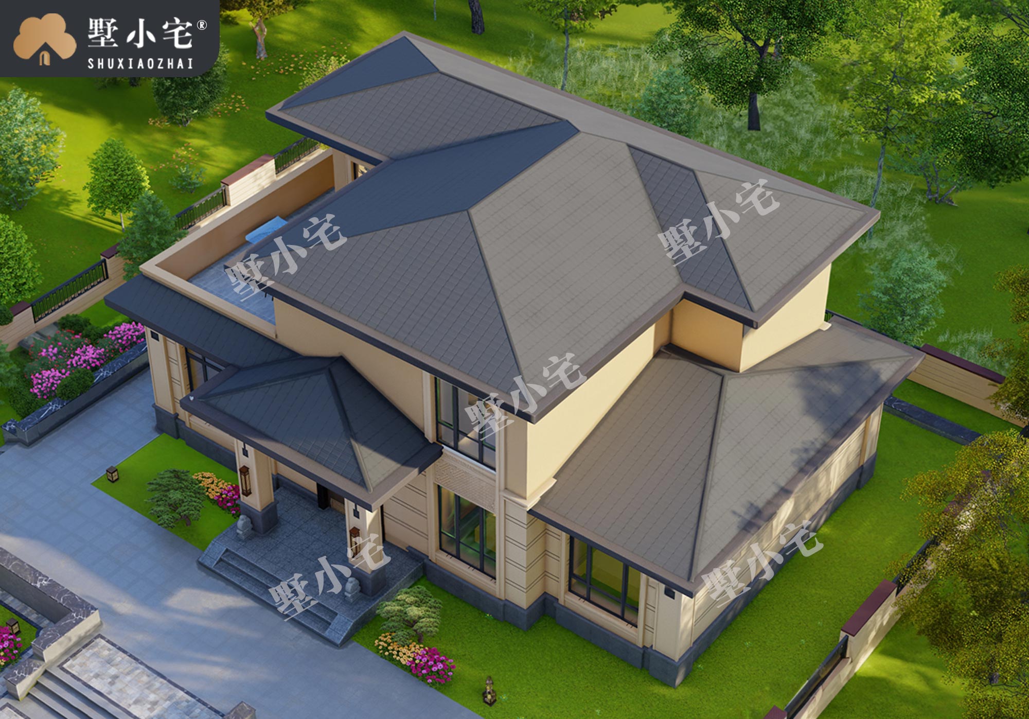 A1018农村自建一层半新中式风格楼房设计图及效果图，带堂屋，16.49×10.1