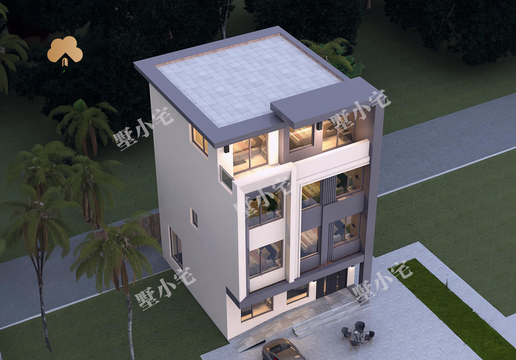 D1009现代风平屋顶四层农村小别墅设计图纸，简单实用，占地73平，8.5×8.6